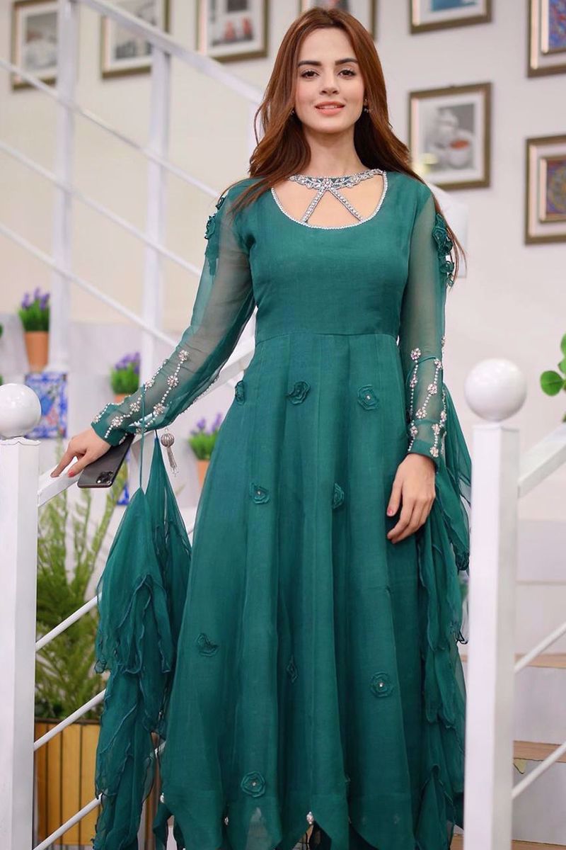 Emerald Green Embellished Organza Maxi Dress (2-Piece) - Image 1