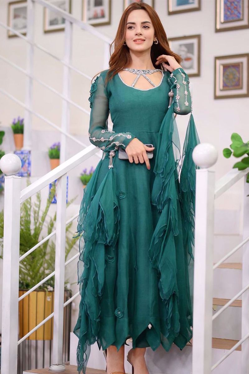 Emerald Green Embellished Organza Maxi Dress (2-Piece) - Image 2