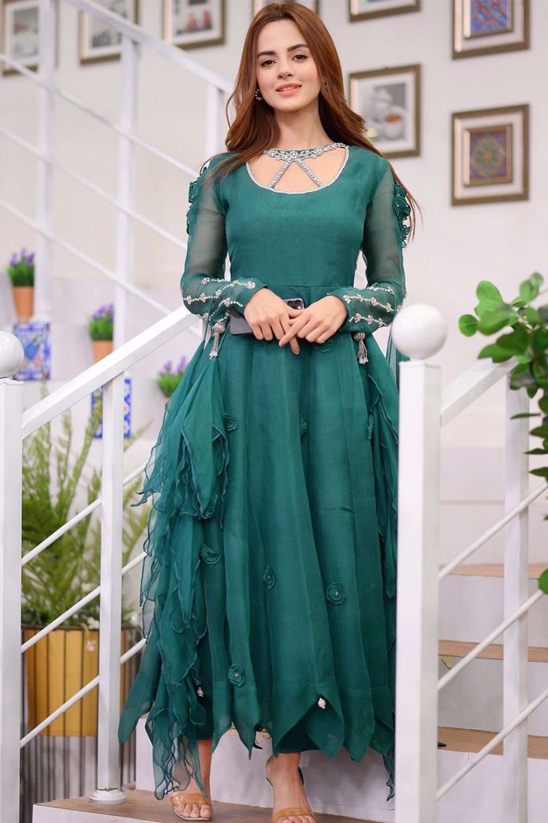 Emerald Green Embellished Organza Maxi Dress (2-Piece) - Image 3