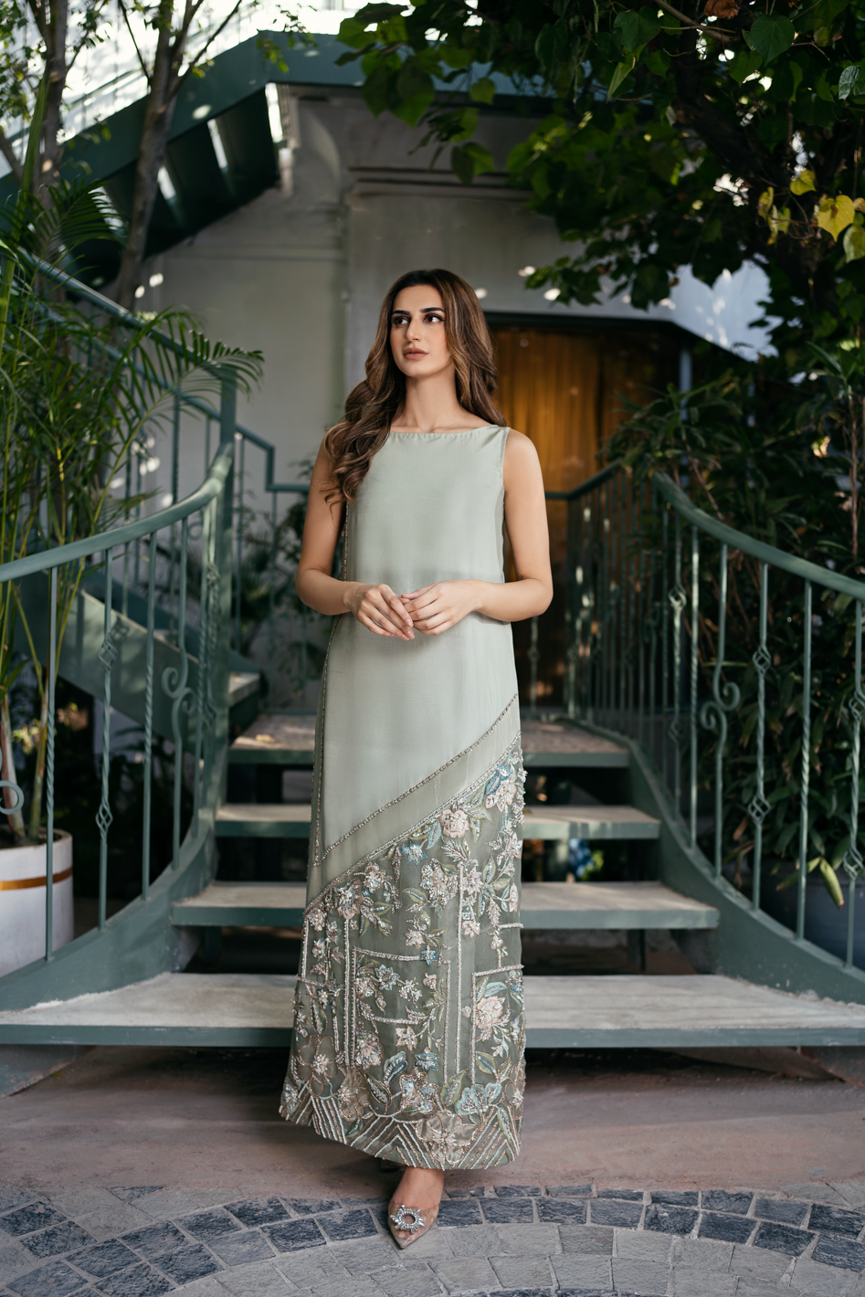 Mint Embroidered Raw Silk Maxi Dress (1-Pc) - Image 1