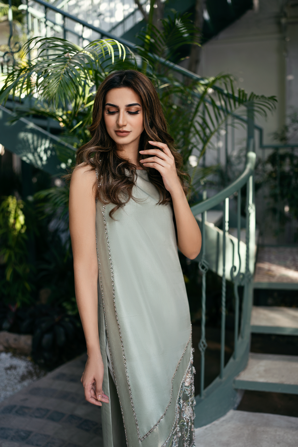 Mint Embroidered Raw Silk Maxi Dress (1-Pc) - Image 2