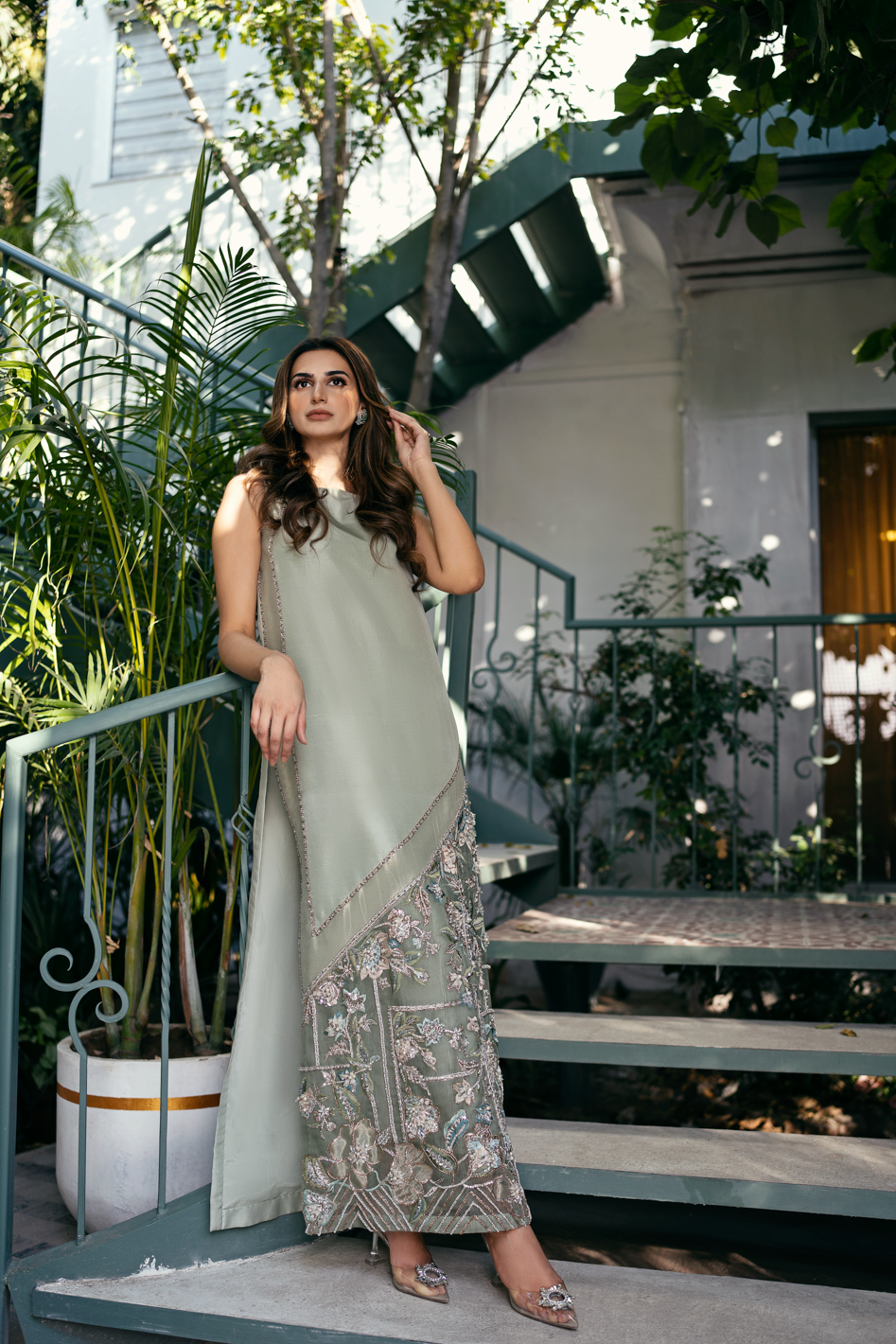 Mint Embroidered Raw Silk Maxi Dress (1-Pc) - Image 3