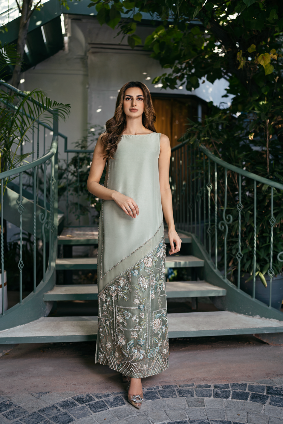 Mint Embroidered Raw Silk Maxi Dress (1-Pc) - Image 4