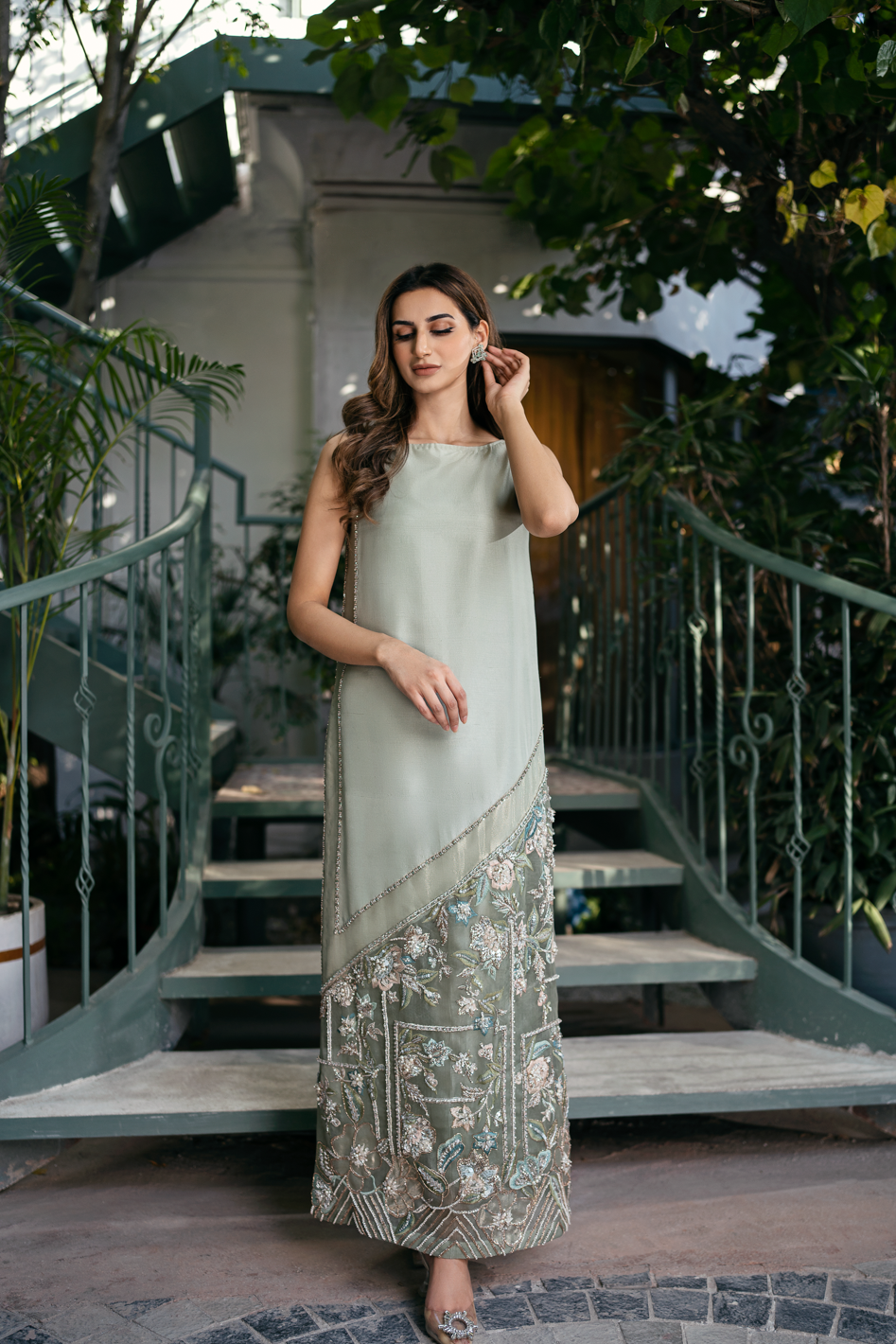 Mint Embroidered Raw Silk Maxi Dress (1-Pc) - Image 5