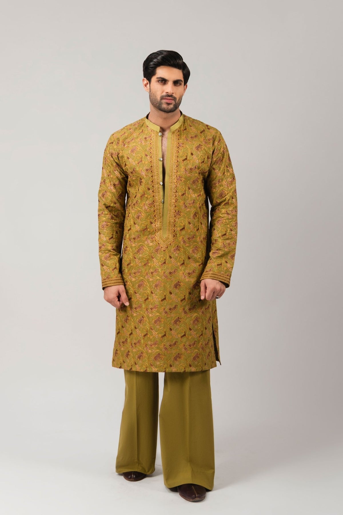 Mehndi Green Embroidered Cotton Kurta Set (3-Piece) - Image 1