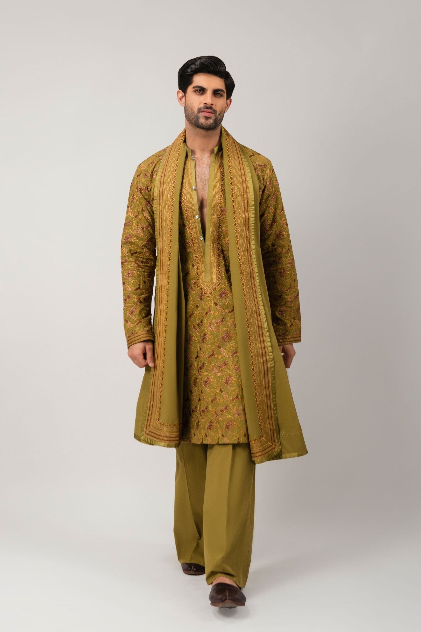 Mehndi Green Embroidered Cotton Kurta Set (3-Piece) - Image 5