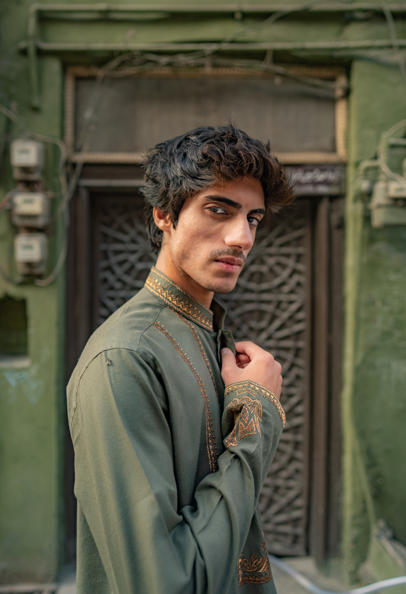 Olive Green Embroidered Cotton Kurta (2-Piece) - Image 1