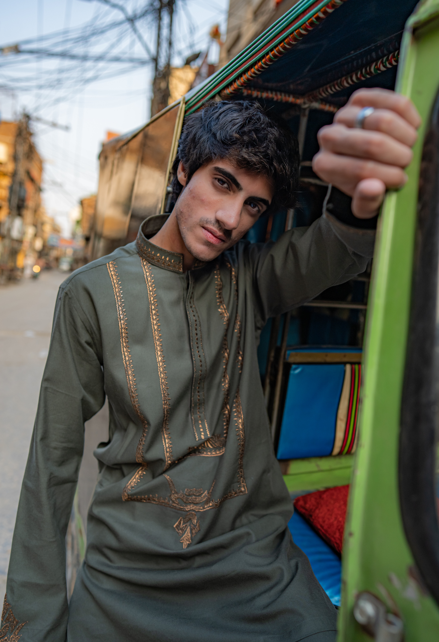 Olive Green Embroidered Cotton Kurta (2-Piece) - Image 2