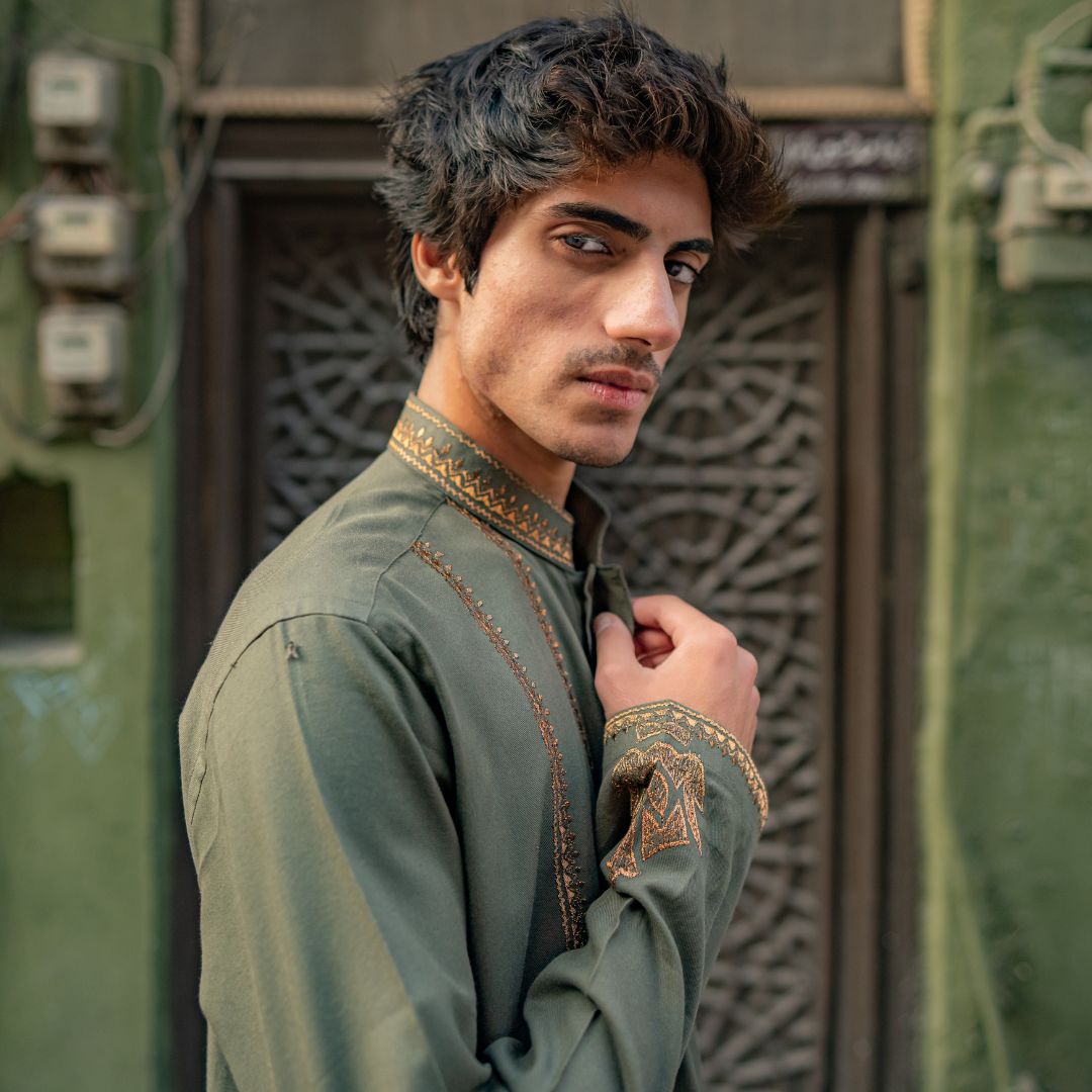 Olive Green Embroidered Cotton Kurta (2-Piece) - Image 5