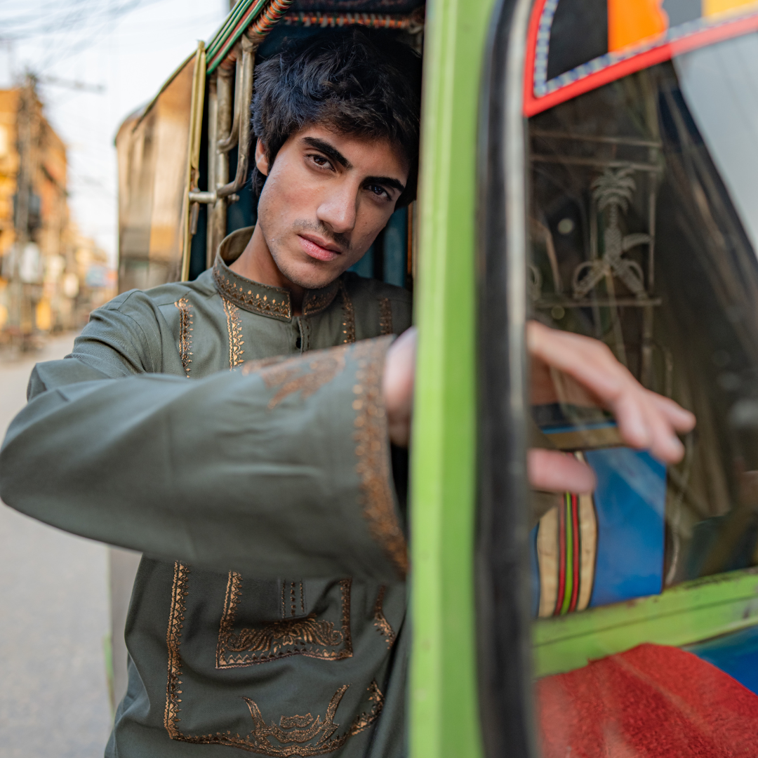 Olive Green Embroidered Cotton Kurta (2-Piece) - Image 6