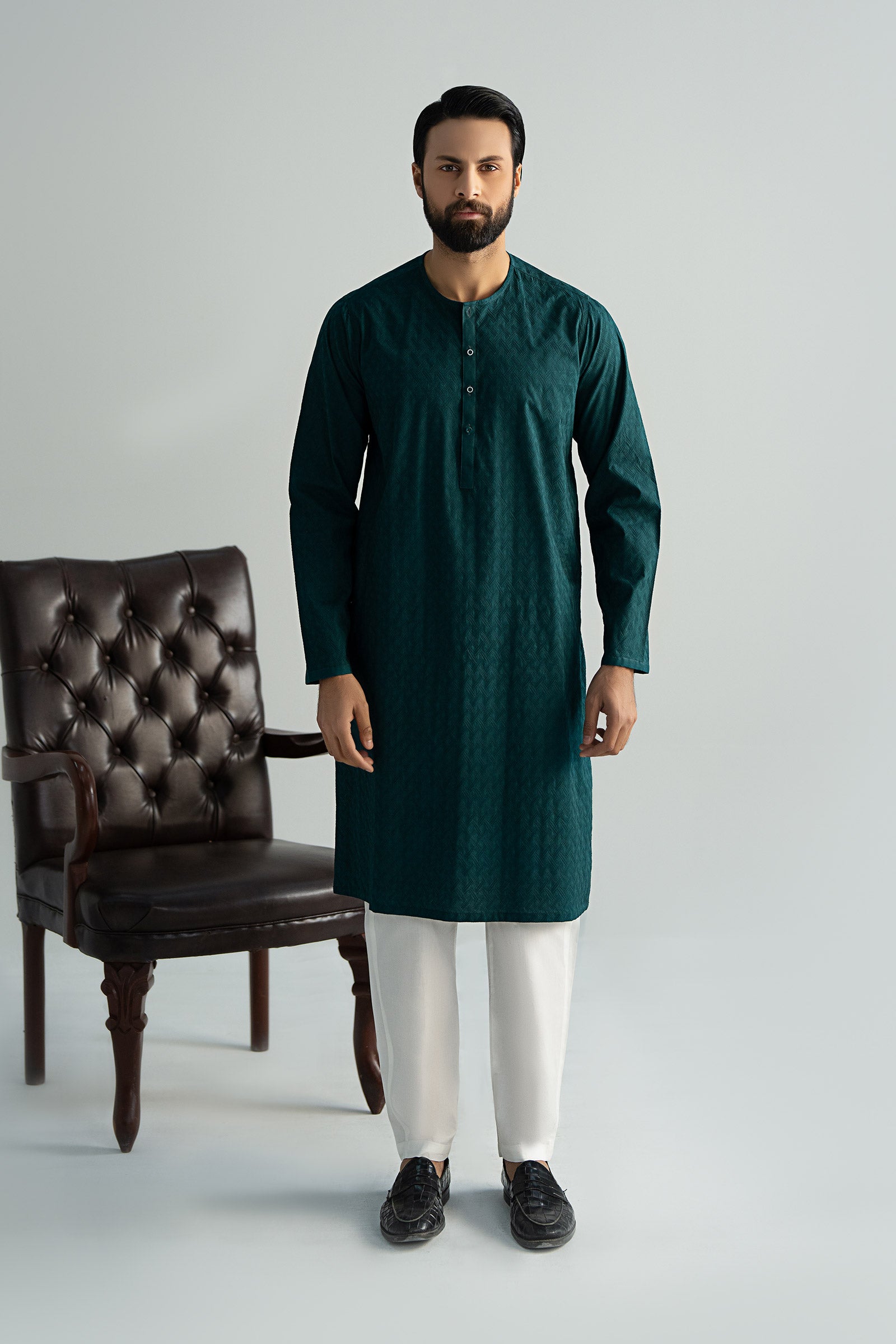 Bottle Green Schiffli Cotton Embroidered Kurta (2-Piece) - Image 1