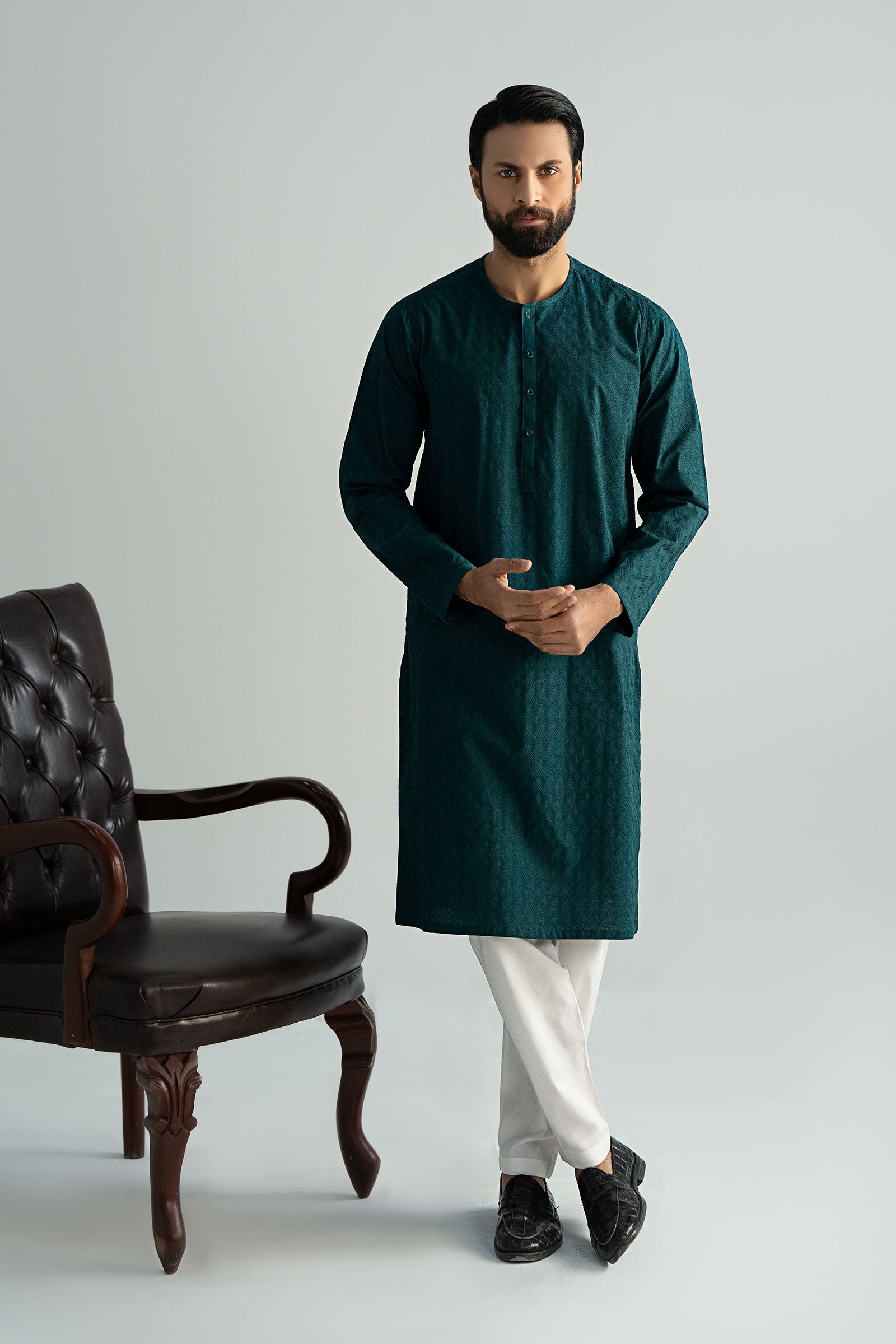Bottle Green Schiffli Cotton Embroidered Kurta (2-Piece) - Image 3