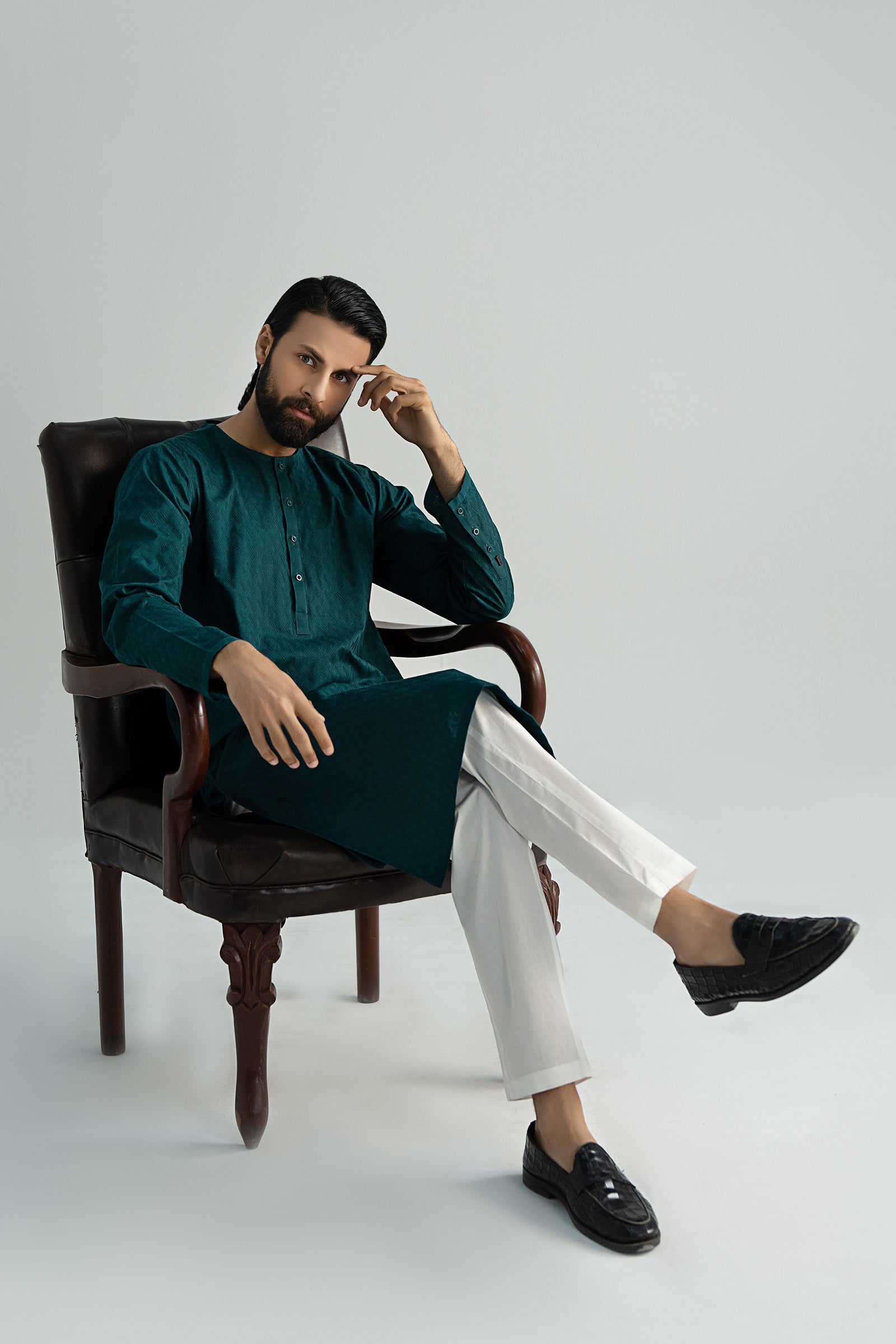 Bottle Green Schiffli Cotton Embroidered Kurta (2-Piece) - Image 4