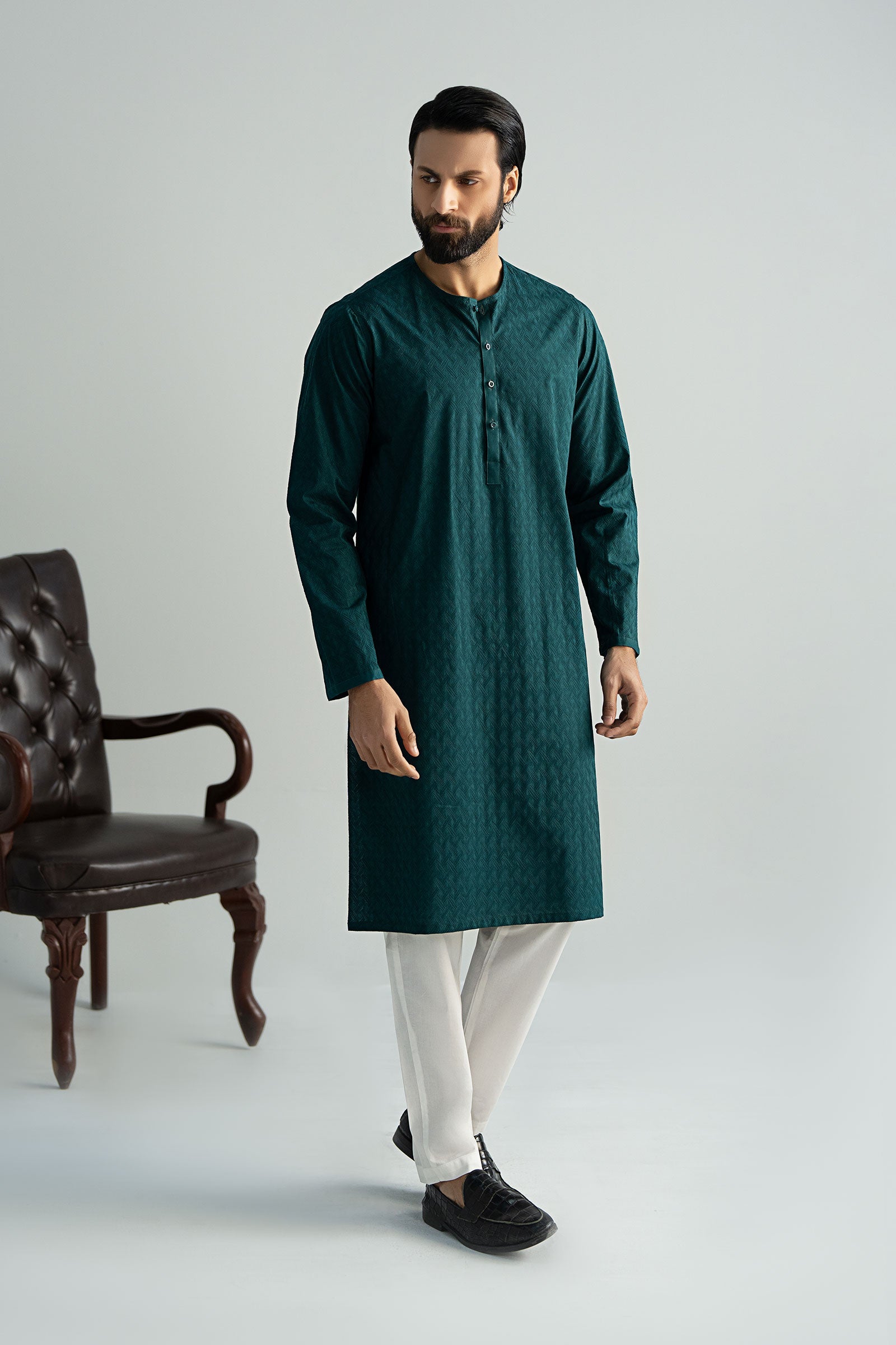 Bottle Green Schiffli Cotton Embroidered Kurta (2-Piece) - Image 5