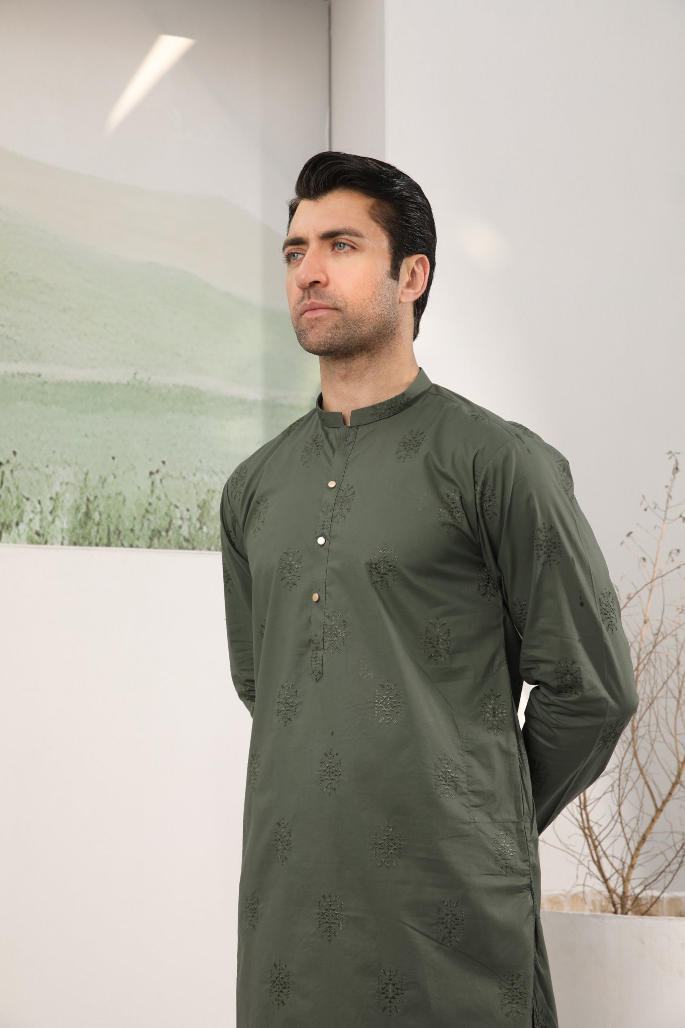Army Green Schiffli Embroidered Cotton Kurta Trouser (2-Piece) - Image 1