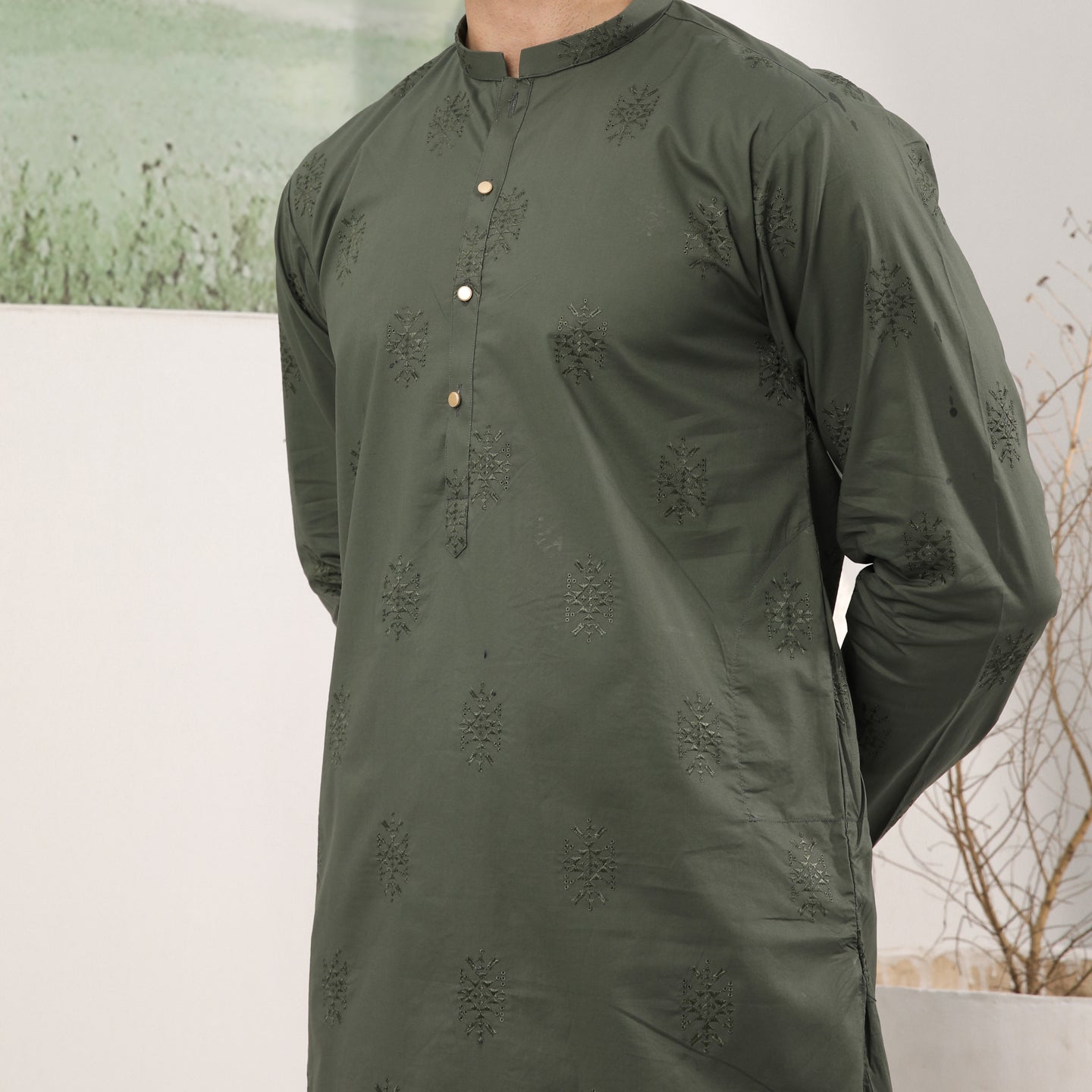 Army Green Schiffli Embroidered Cotton Kurta Trouser (2-Piece) - Image 2
