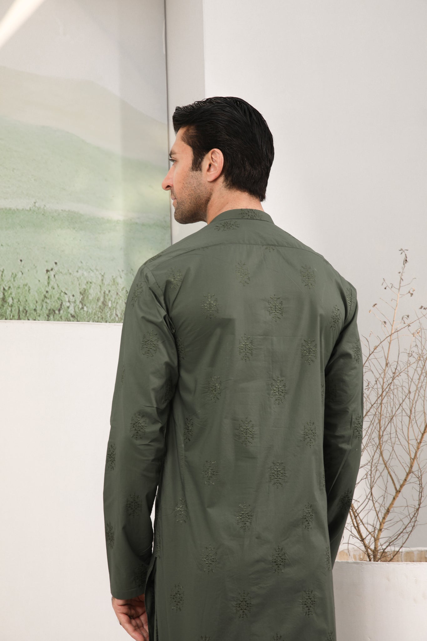Army Green Schiffli Embroidered Cotton Kurta Trouser (2-Piece) - Image 3