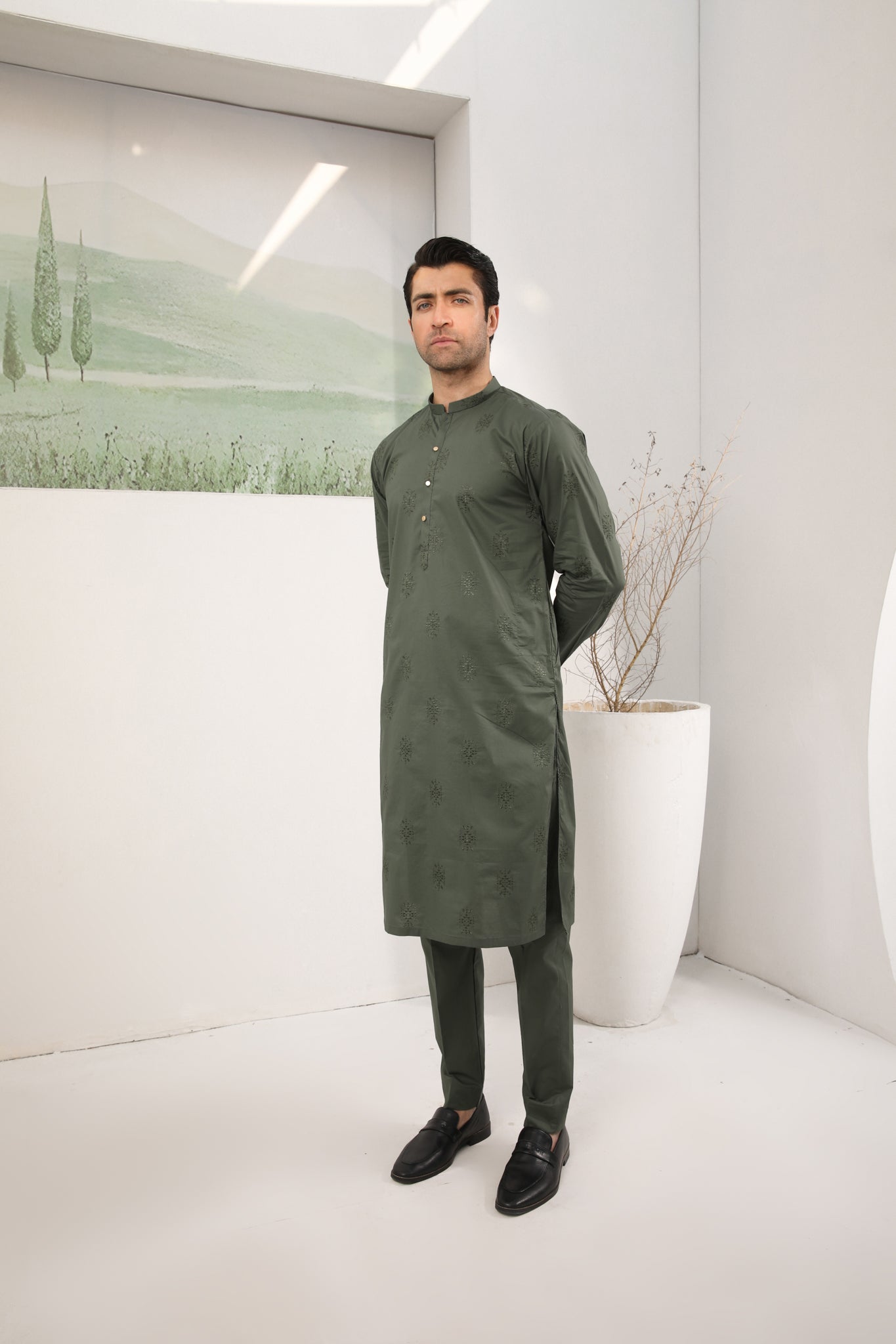Army Green Schiffli Embroidered Cotton Kurta Trouser (2-Piece) - Image 5