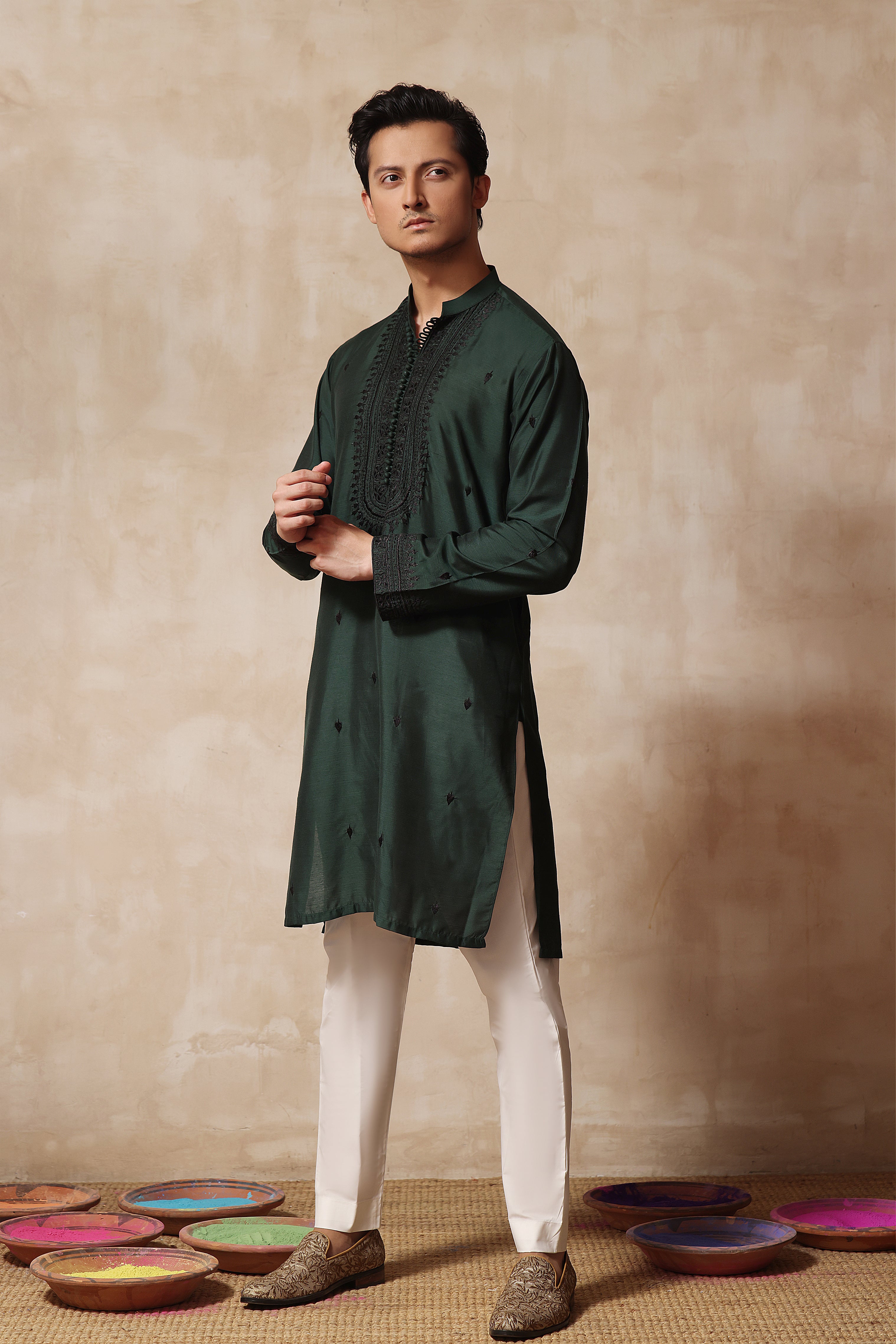 Deep Green Chikankari Cotton-Silk Kurta Pajama (2-Piece) - Image 2