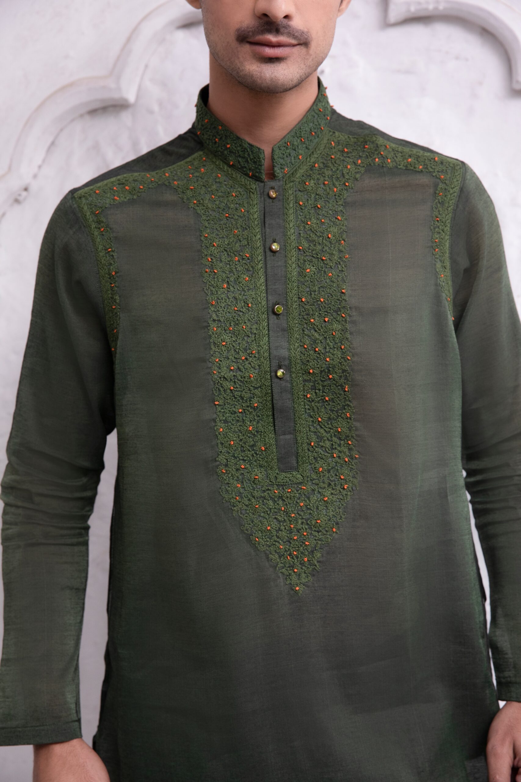 Deep Green Embroidered Cotton-Silk Kurta (2-Piece) - Image 2