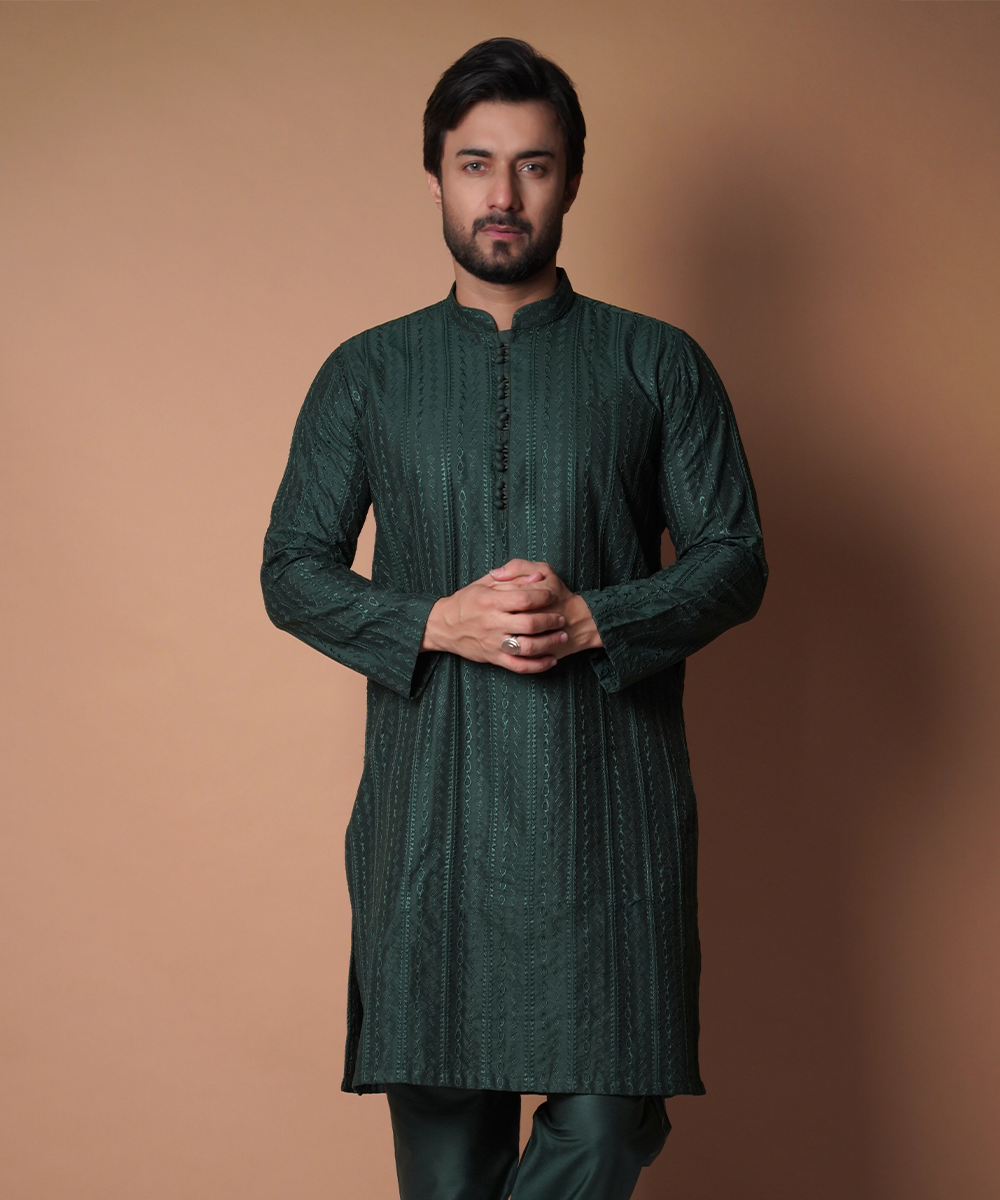 Deep Green Embroidered Cotton-Silk Kurta Set (2-Piece) - Image 1