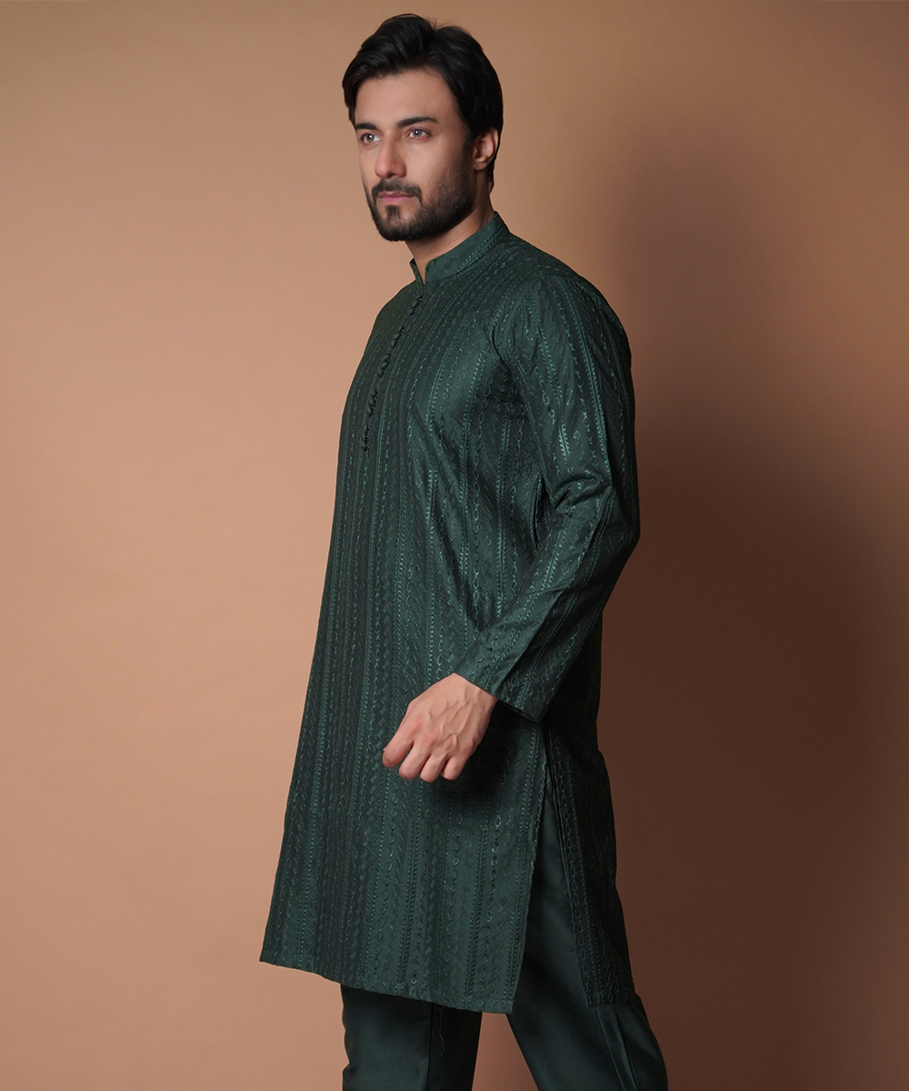 Deep Green Embroidered Cotton-Silk Kurta Set (2-Piece) - Image 2