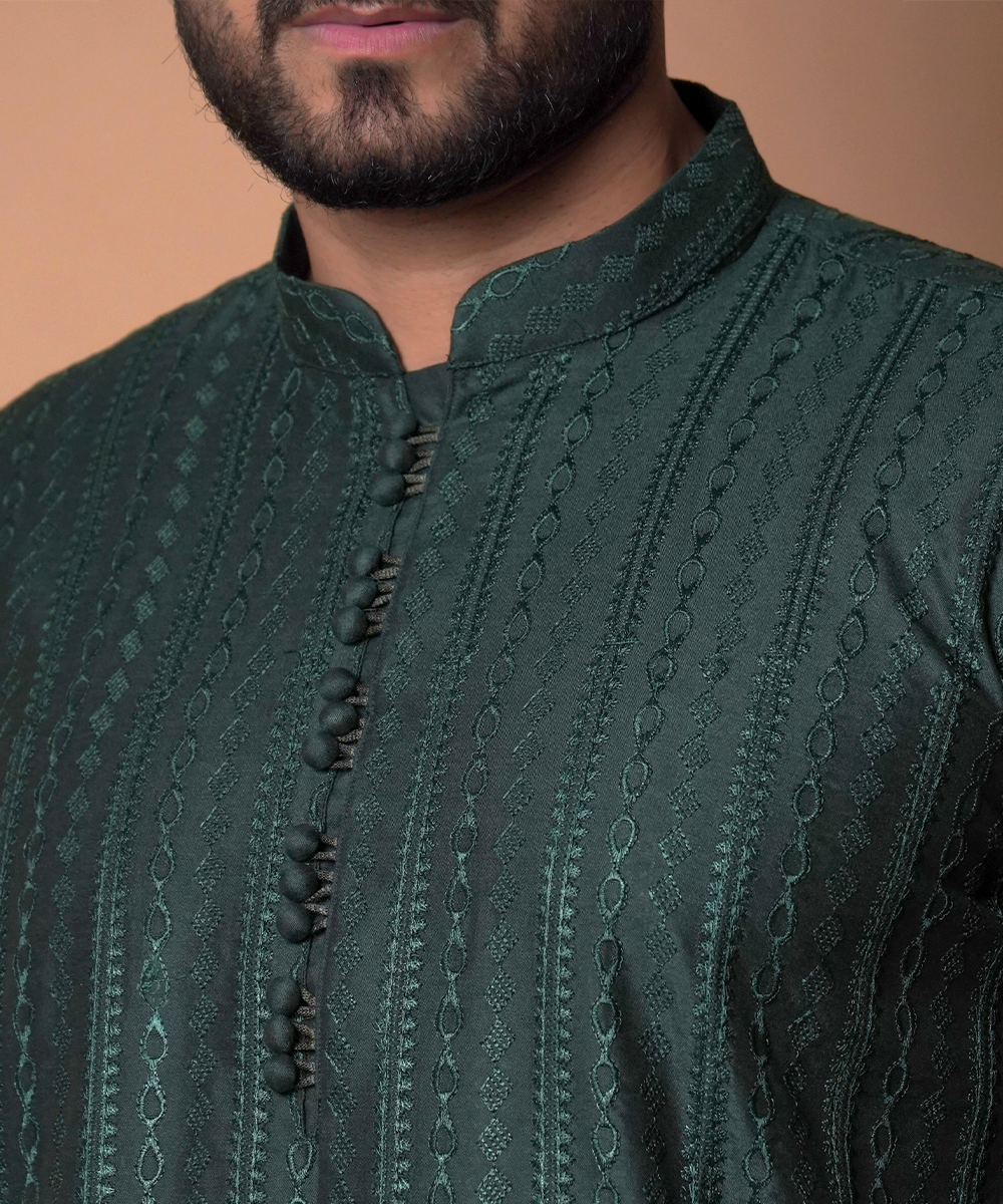 Deep Green Embroidered Cotton-Silk Kurta Set (2-Piece) - Image 3