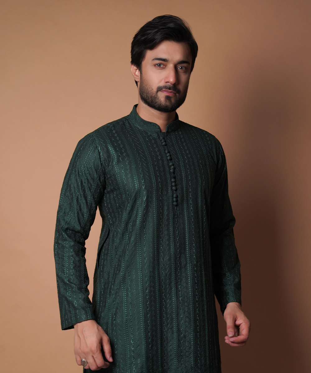 Deep Green Embroidered Cotton-Silk Kurta Set (2-Piece) - Image 4