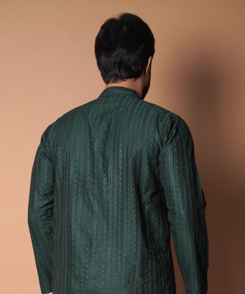 Deep Green Embroidered Cotton-Silk Kurta Set (2-Piece) - Image 5