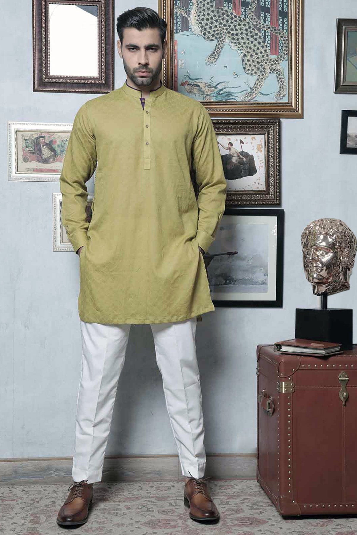 Olive Green Embroidered Cotton-Silk Kurta (2-Piece) - Image 1