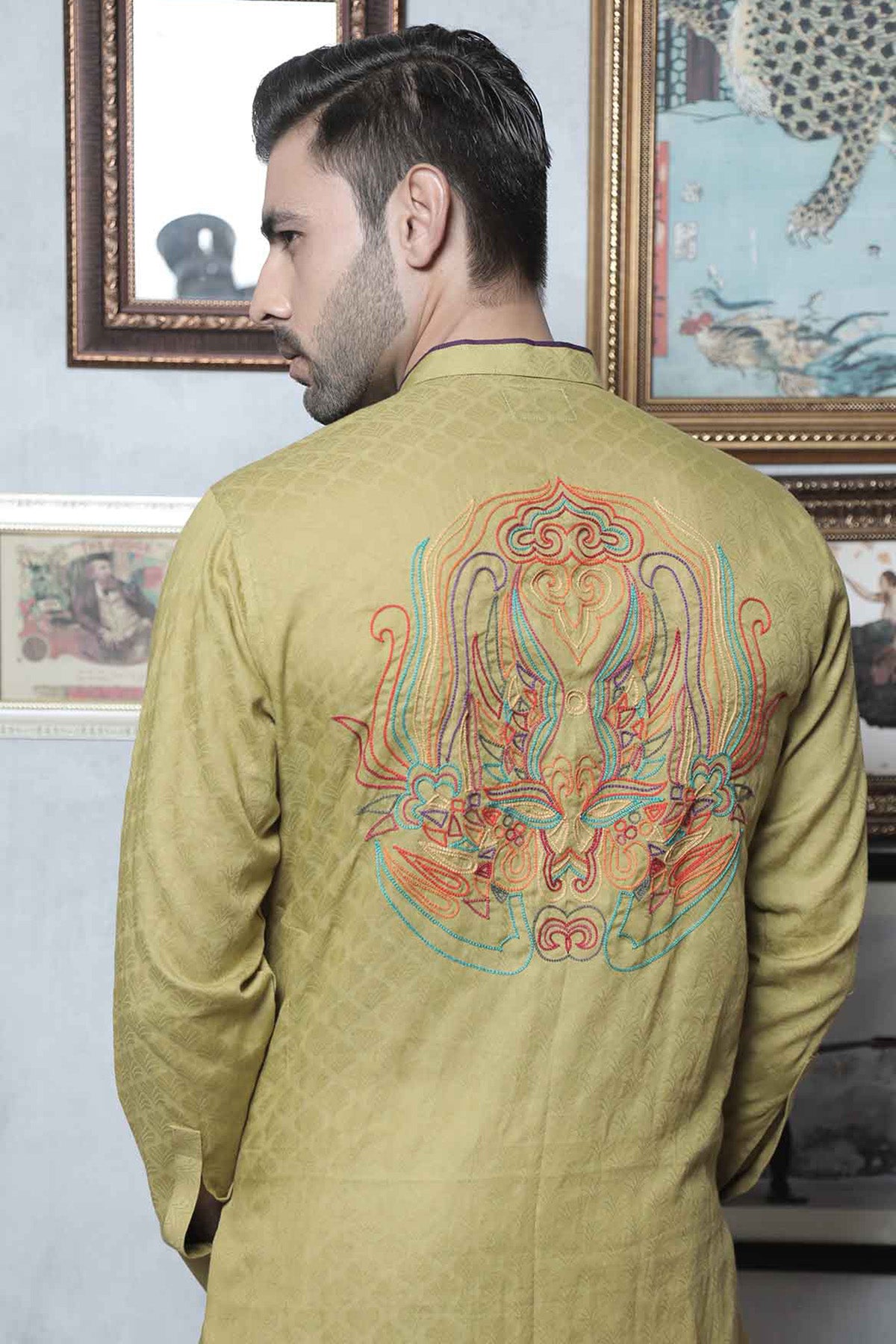 Olive Green Embroidered Cotton-Silk Kurta (2-Piece) - Image 2