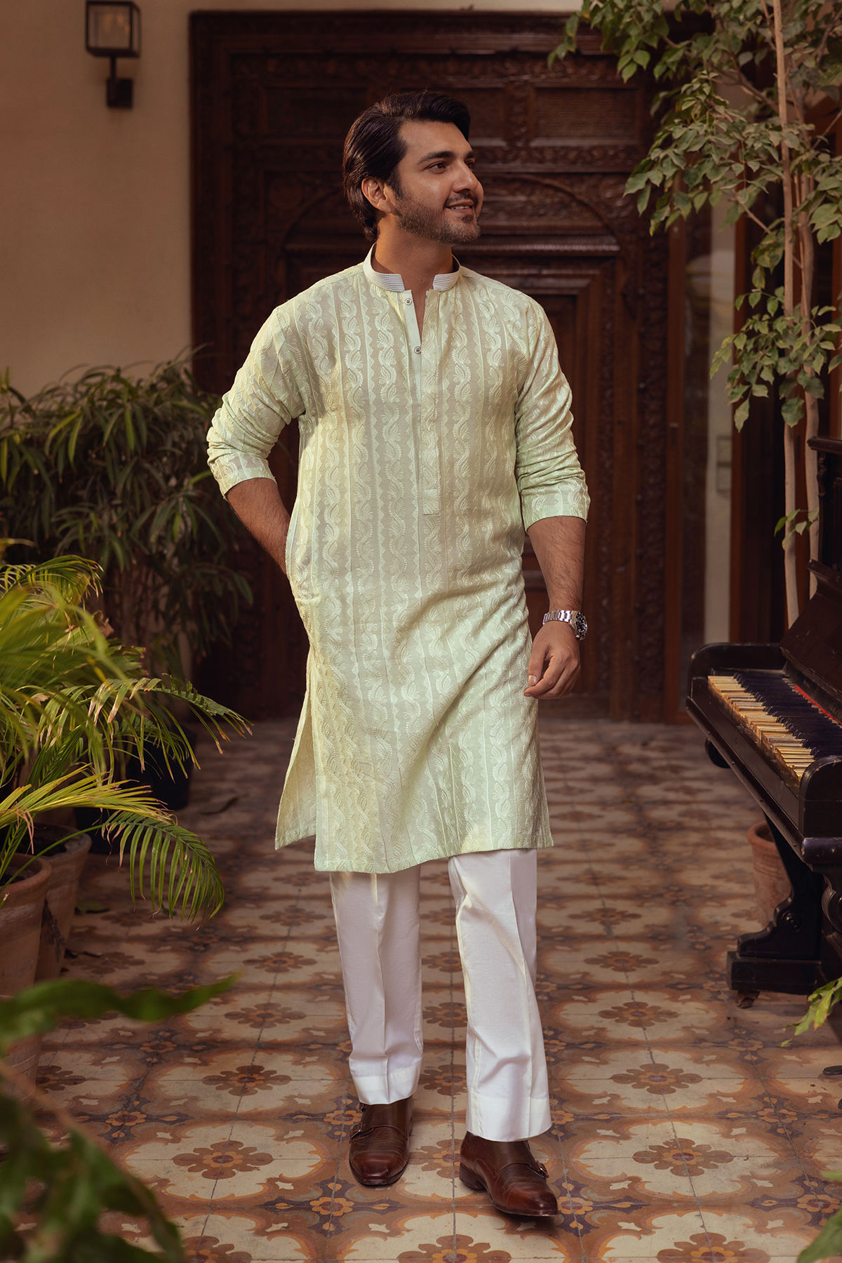 Mint Embroidered Cotton-Silk Kurta (2-Piece) - Image 1