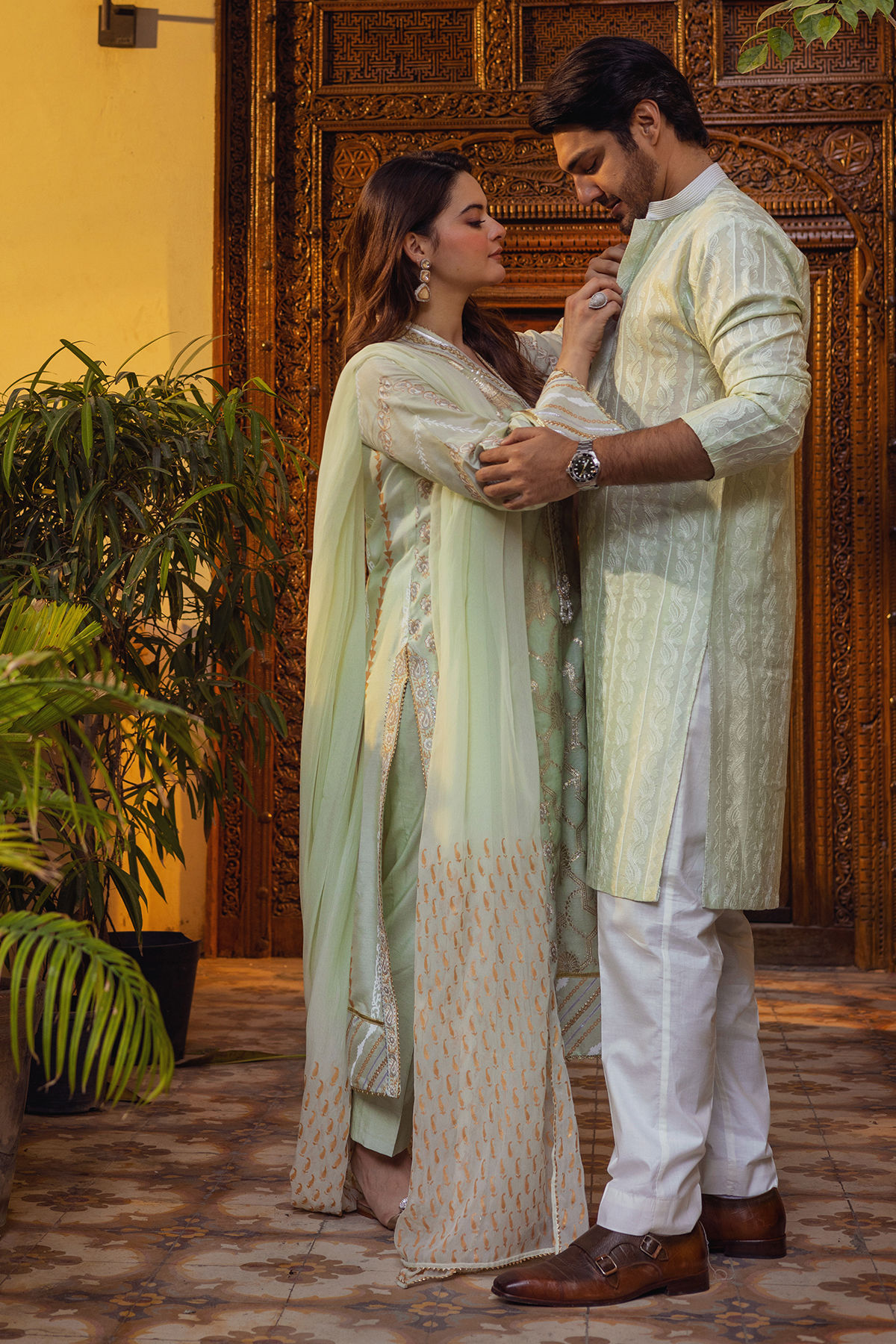 Mint Embroidered Cotton-Silk Kurta (2-Piece) - Image 3