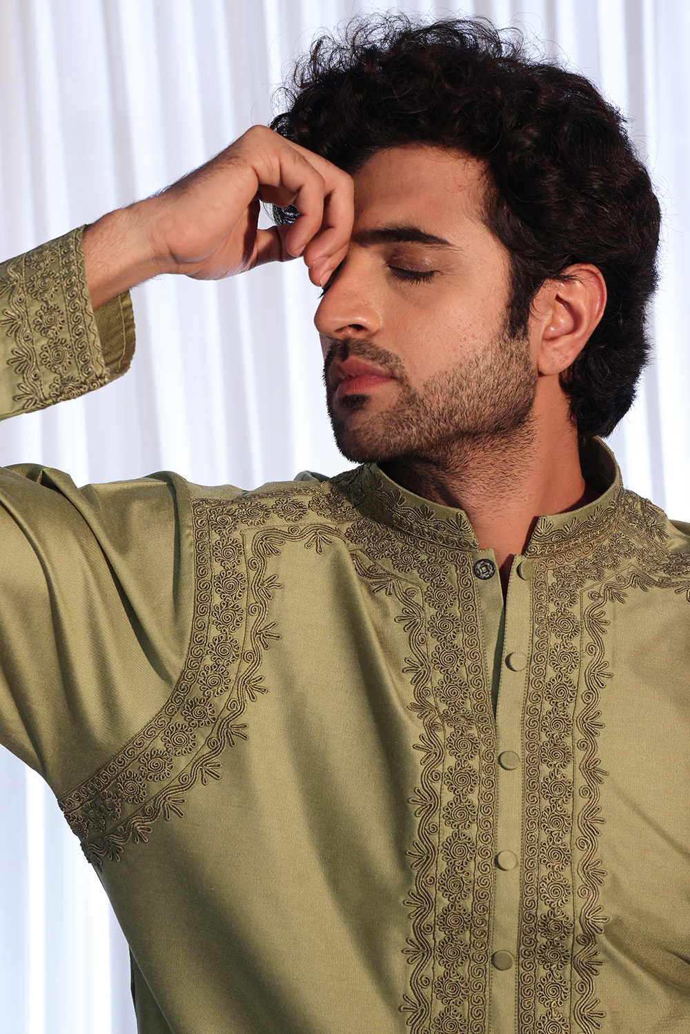 Olive Green Embroidered Cotton-Silk Kurta (2-Piece) - Image 2