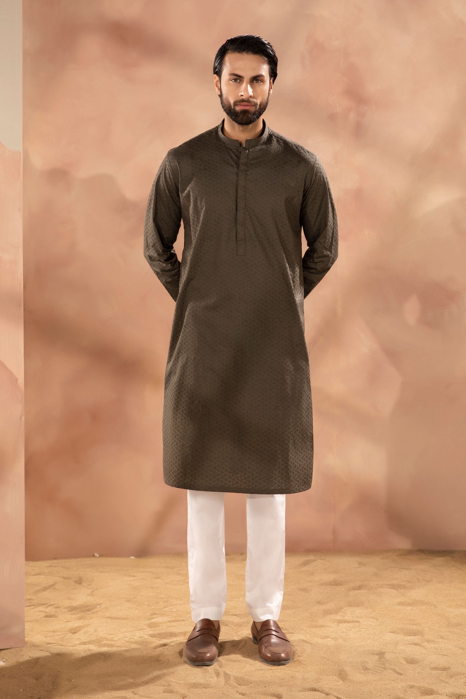 Olive Green Embroidered Cotton Kurta (2-Piece) - Image 1
