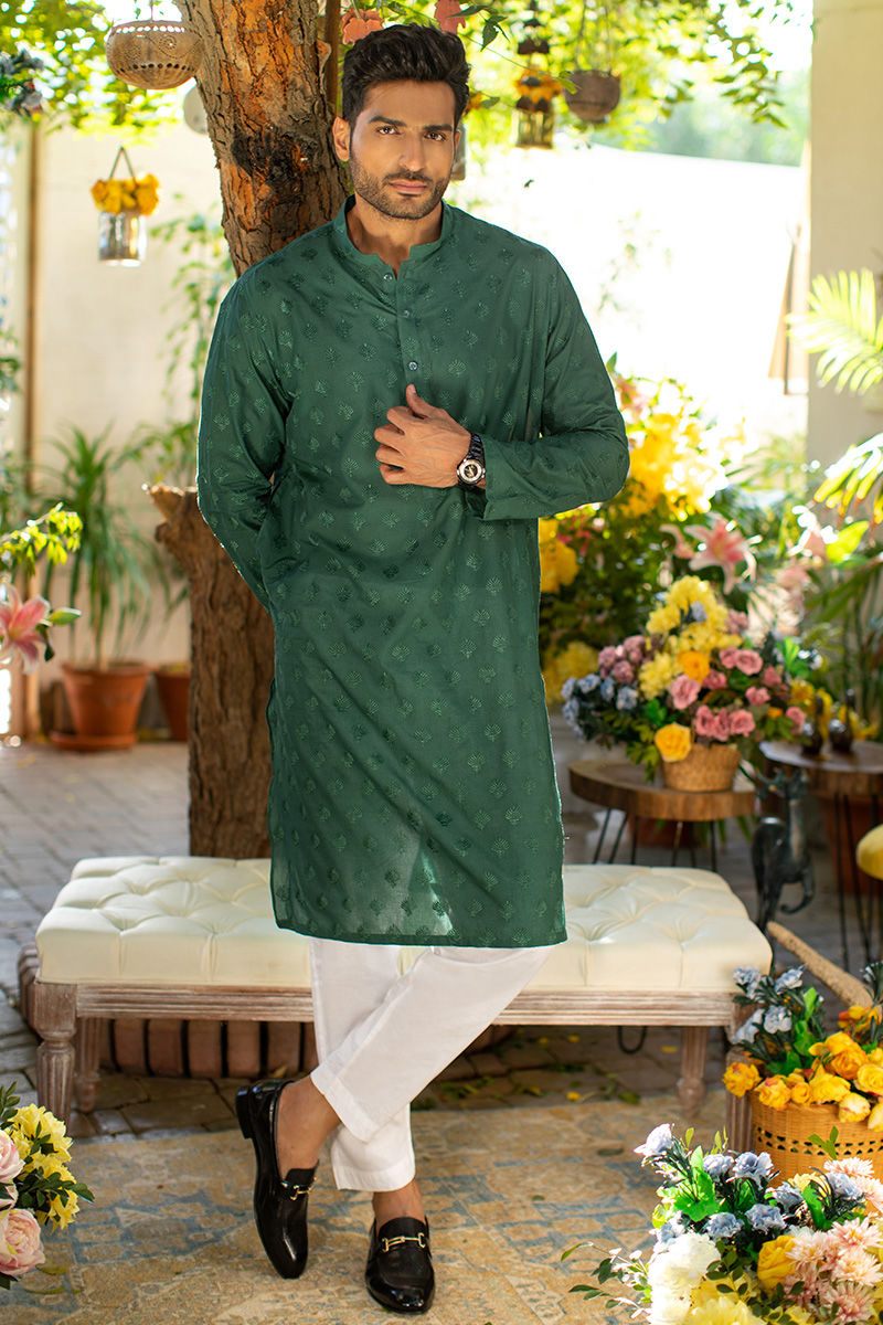 Moss Green Chikan Embroidered Cotton Kurta (2-Piece) - Image 1