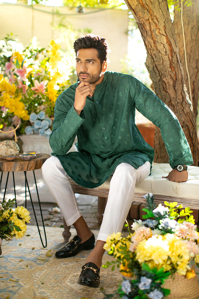 Moss Green Chikan Embroidered Cotton Kurta (2-Piece) - Image 2