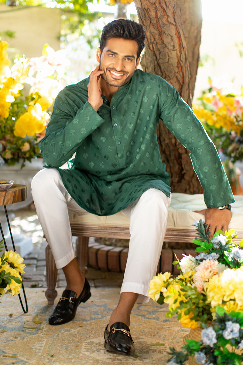 Moss Green Chikan Embroidered Cotton Kurta (2-Piece) - Image 3