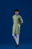 Light Green Thread Embroidered Cotton Kurta (2-Piece) - Image 2