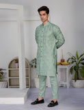 Light Green Embroidered Cotton Kurta Set (2-Piece) - Image 2