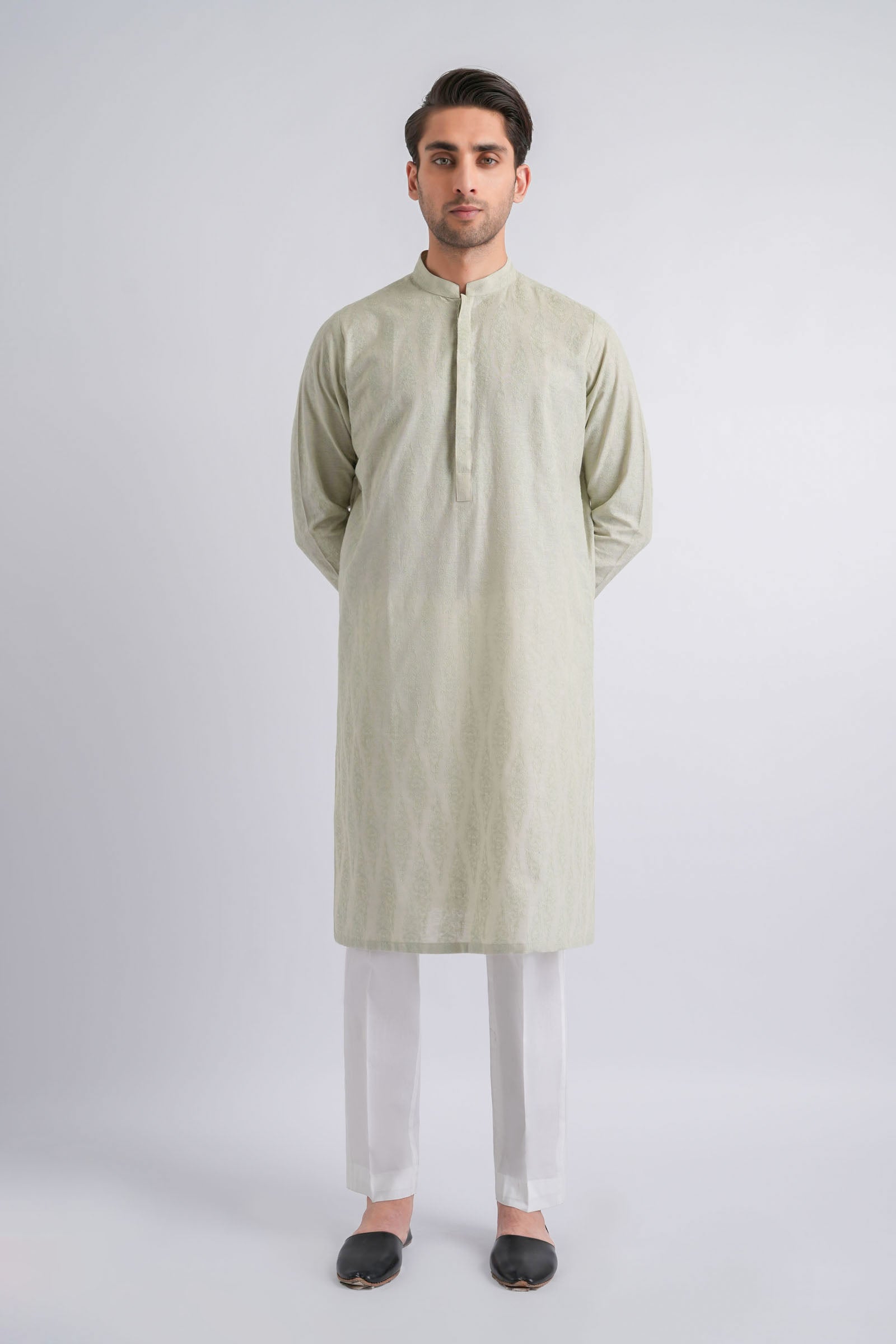 Light Green Embroidered Egyptian Cotton Kurta (2-Piece) - Image 3