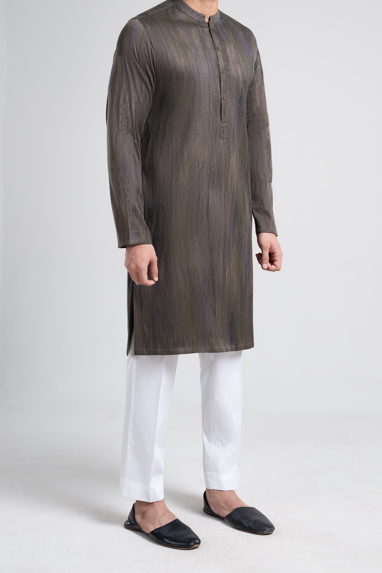 Olive Green Embroidered Egyptian Cotton Kurta (2-Piece) - Image 3