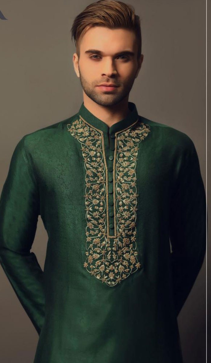 Phthalo Green Embroidered Jacquard Kurta (1-Pc) - Image 1