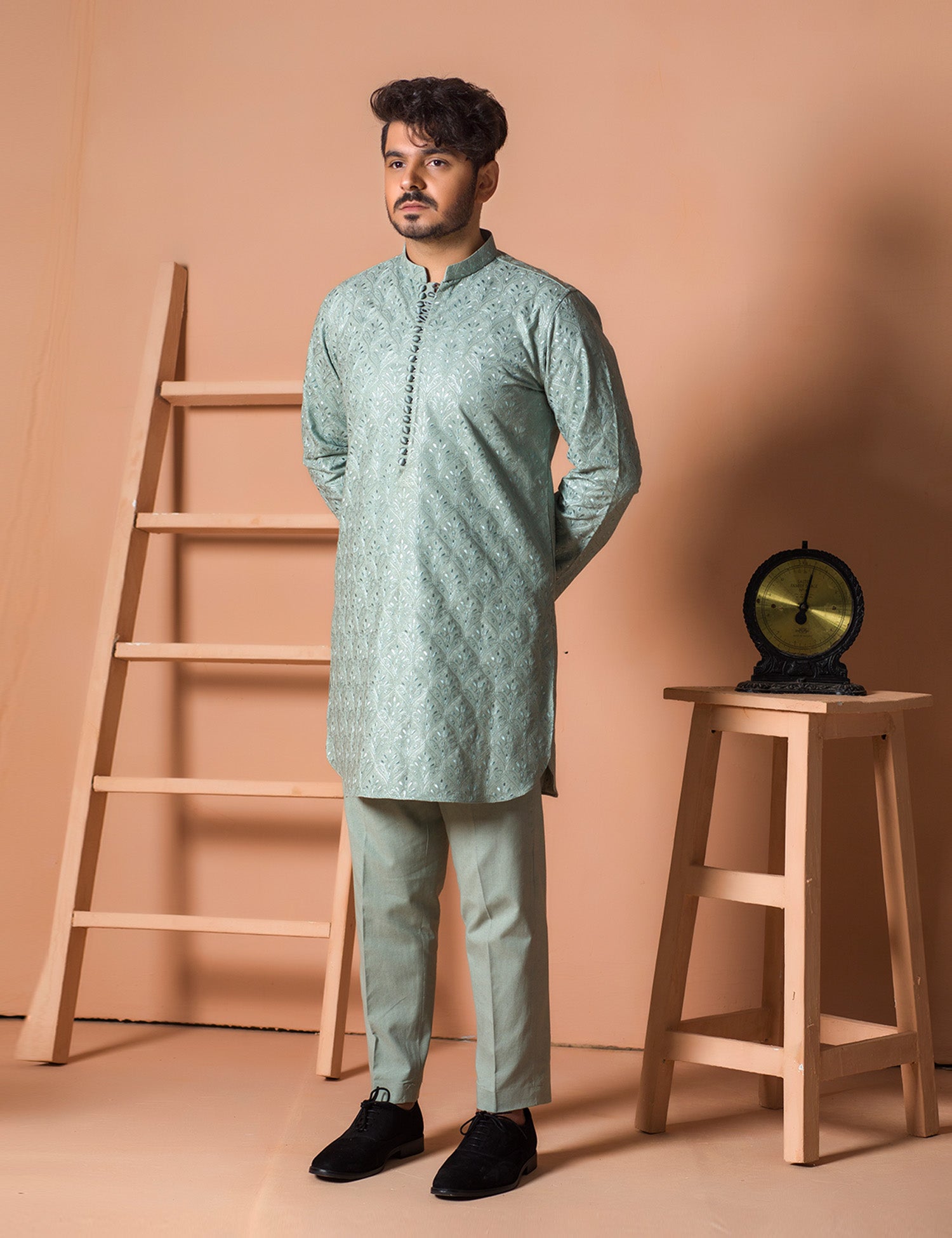 Light Green Embroidered Karandi Kurta (2-Piece) - Image 1