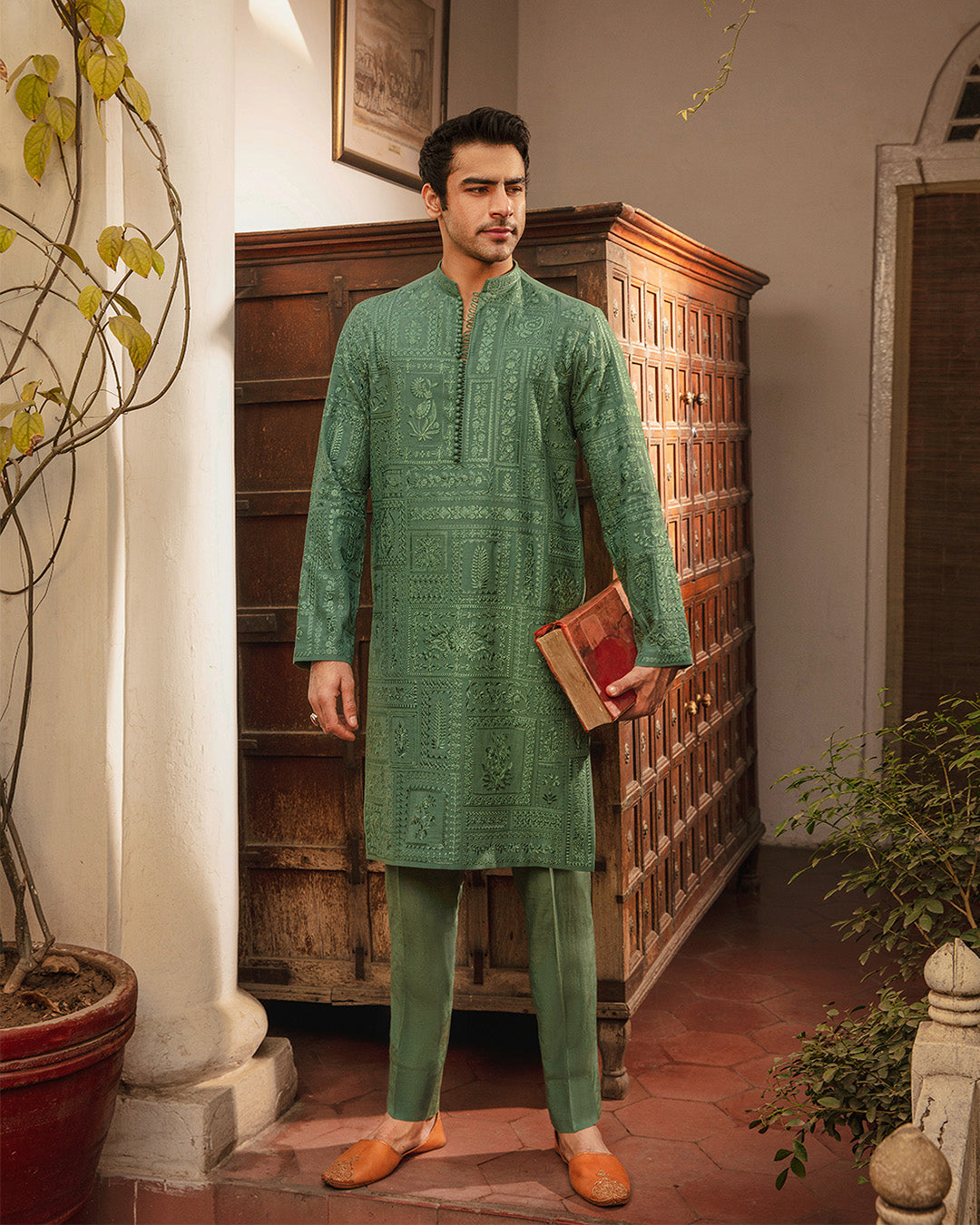Jade Green Embroidered Karandi Kurta Set (2-Piece) - Image 1