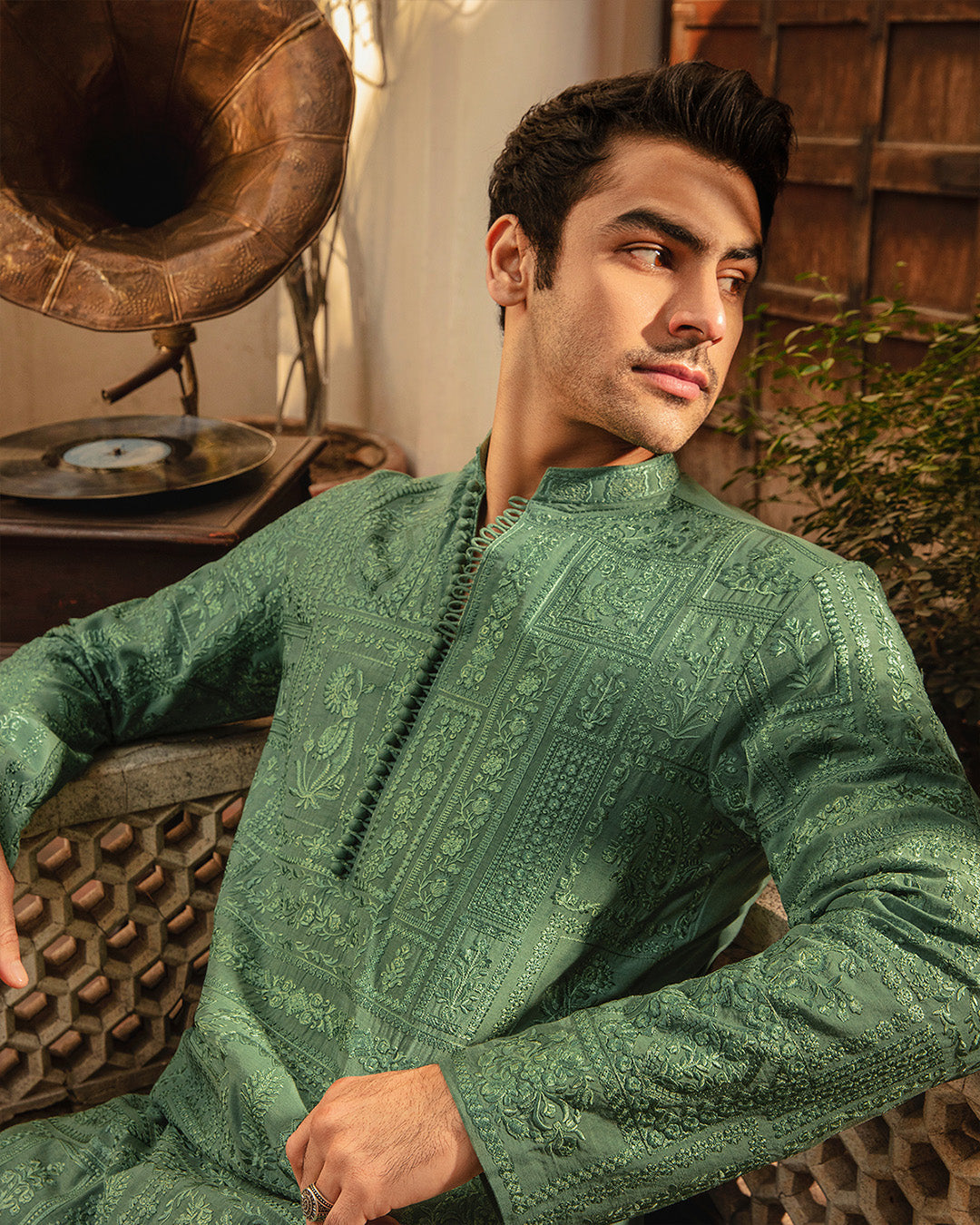 Jade Green Embroidered Karandi Kurta Set (2-Piece) - Image 2