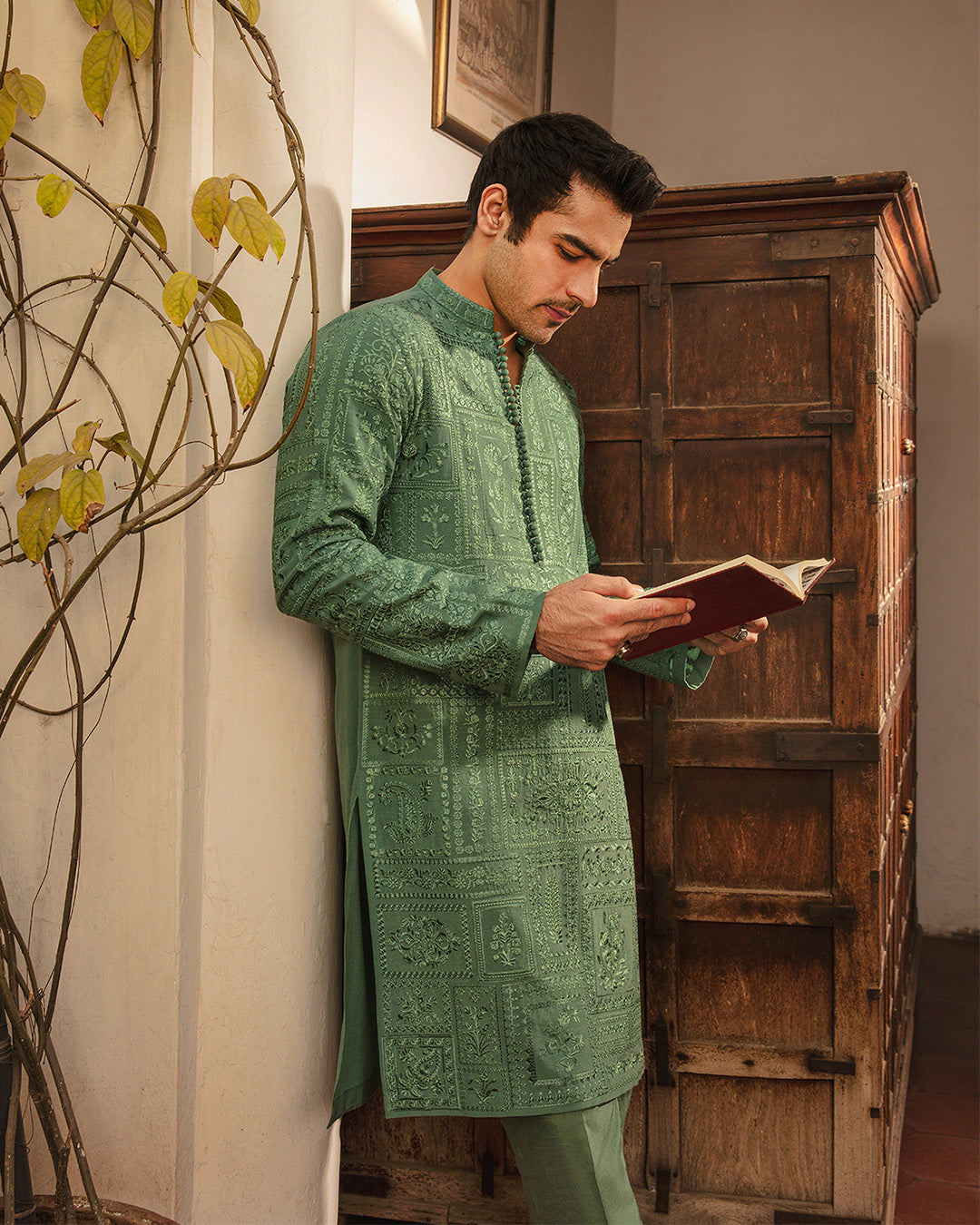 Jade Green Embroidered Karandi Kurta Set (2-Piece) - Image 3