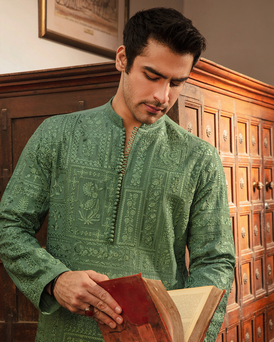 Jade Green Embroidered Karandi Kurta Set (2-Piece) - Image 4
