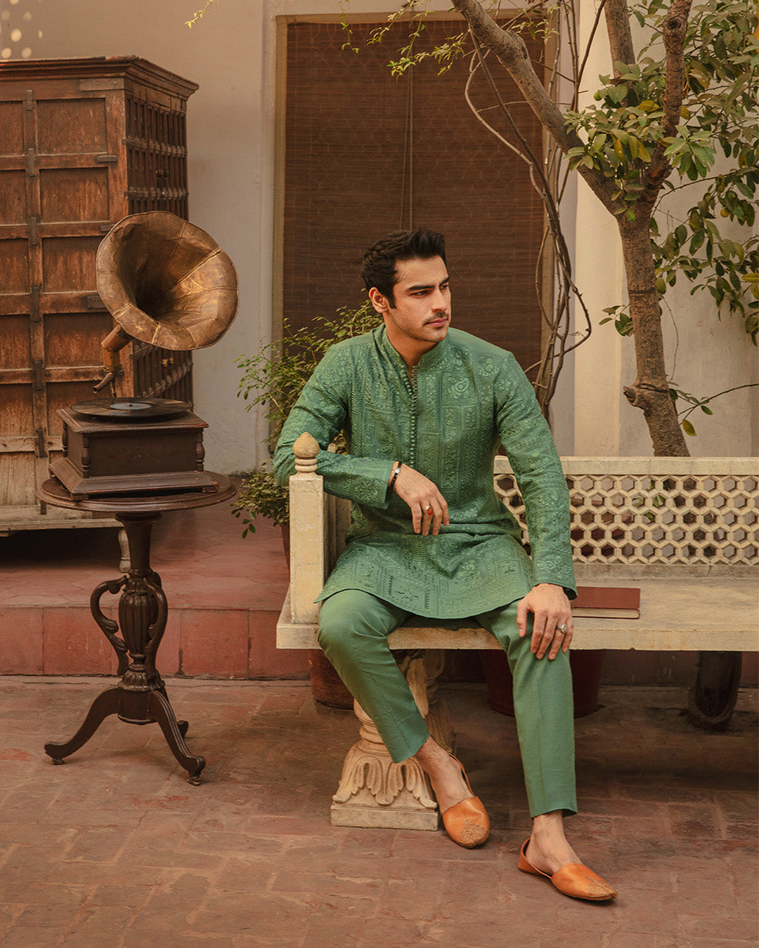 Jade Green Embroidered Karandi Kurta Set (2-Piece) - Image 5