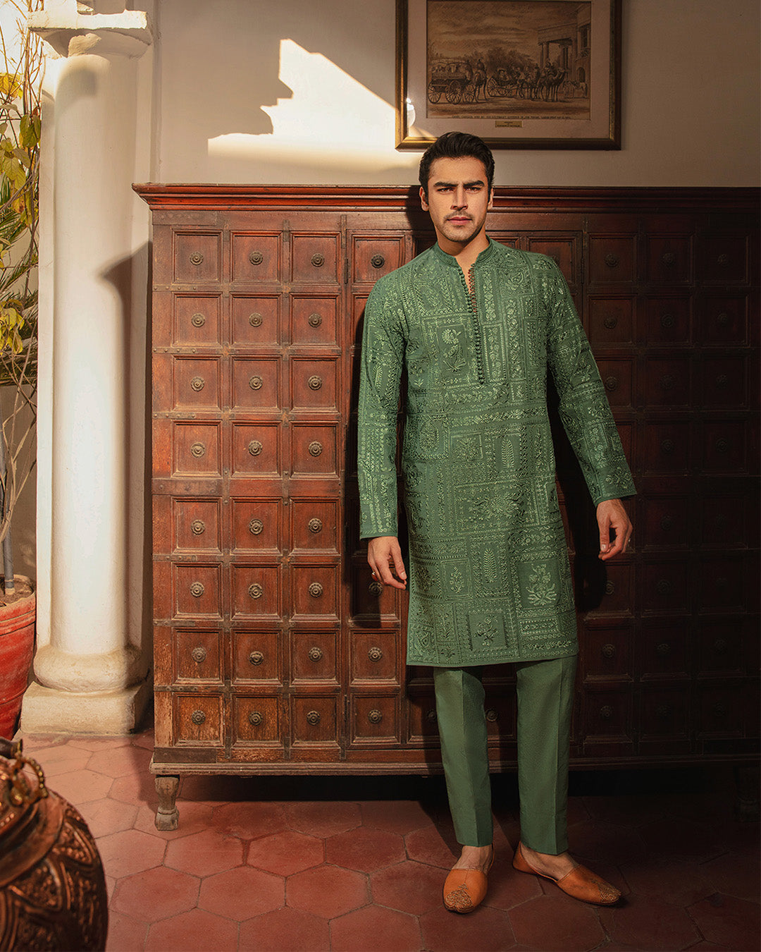 Jade Green Embroidered Karandi Kurta Set (2-Piece) - Image 6